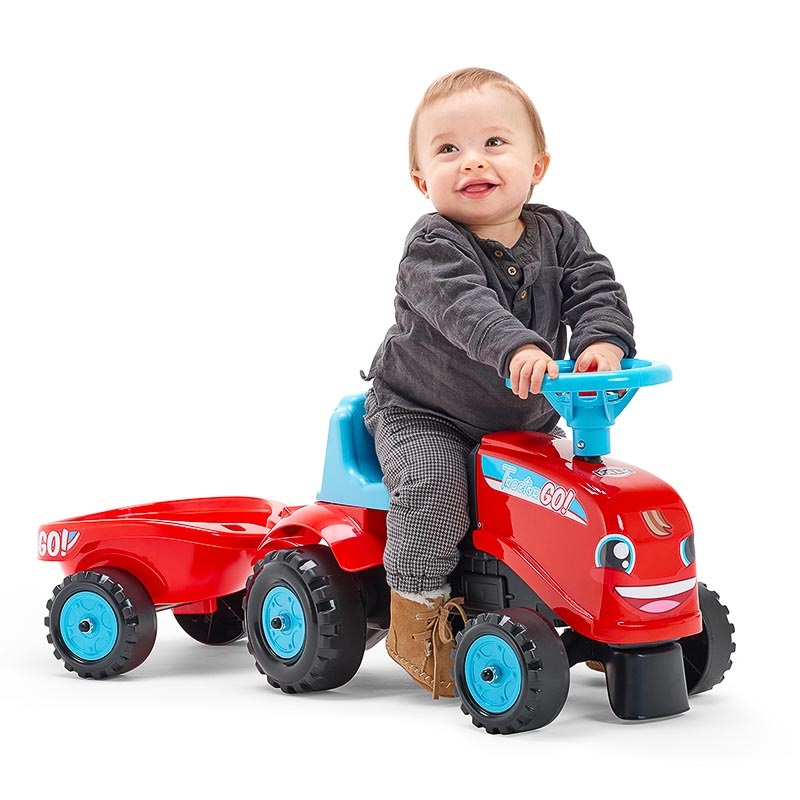 Falk Trattore Cavalcabile 200B Azzurro con Rimorchio - Personalizzabile, per Bambini a Partire da 12 Mesi, 100% Made in France