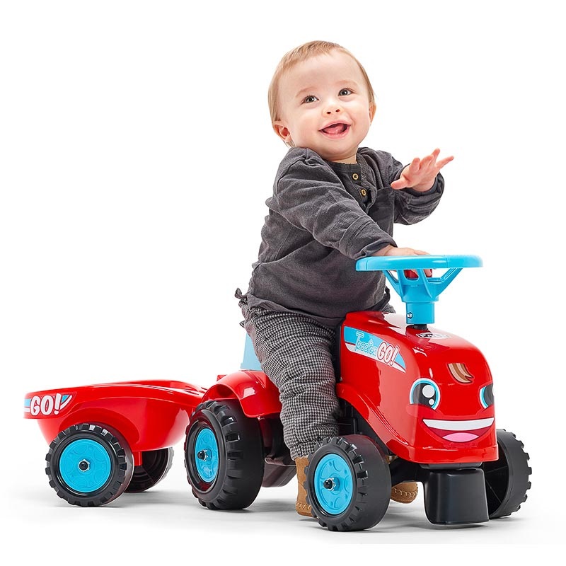 Falk Trattore Cavalcabile 200B Azzurro con Rimorchio - Personalizzabile, per Bambini a Partire da 12 Mesi, 100% Made in France