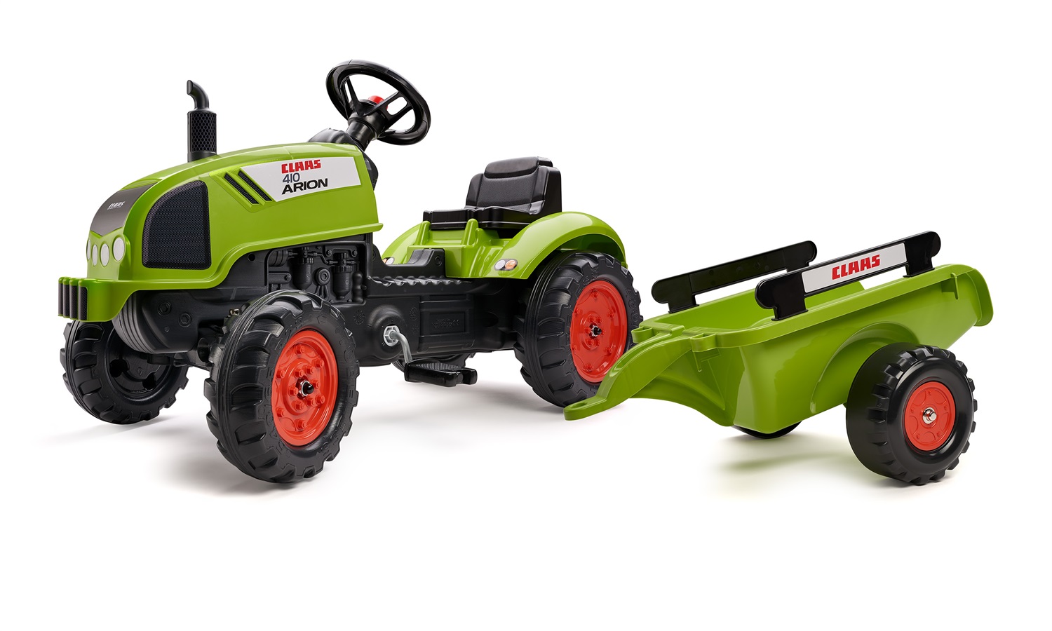 Falk Trattore a Pedali Claas Arion 410 Verde con Rimorchio e Cofano Apribile - Da 2 Anni - Made in France