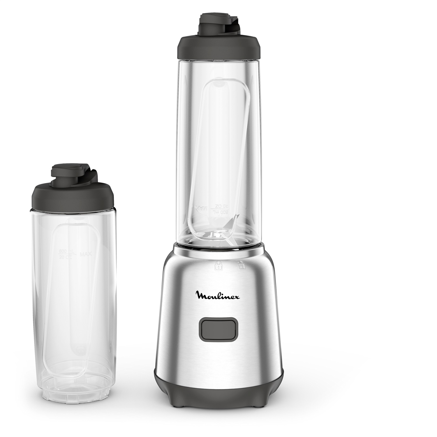 Moulinex Mix&Move Mini Frullatore Portatile 300 W con 2 Bottiglie da 600 ml, Design Compatto, Lame Rimovibili, Frullatore Smoothie Argento
