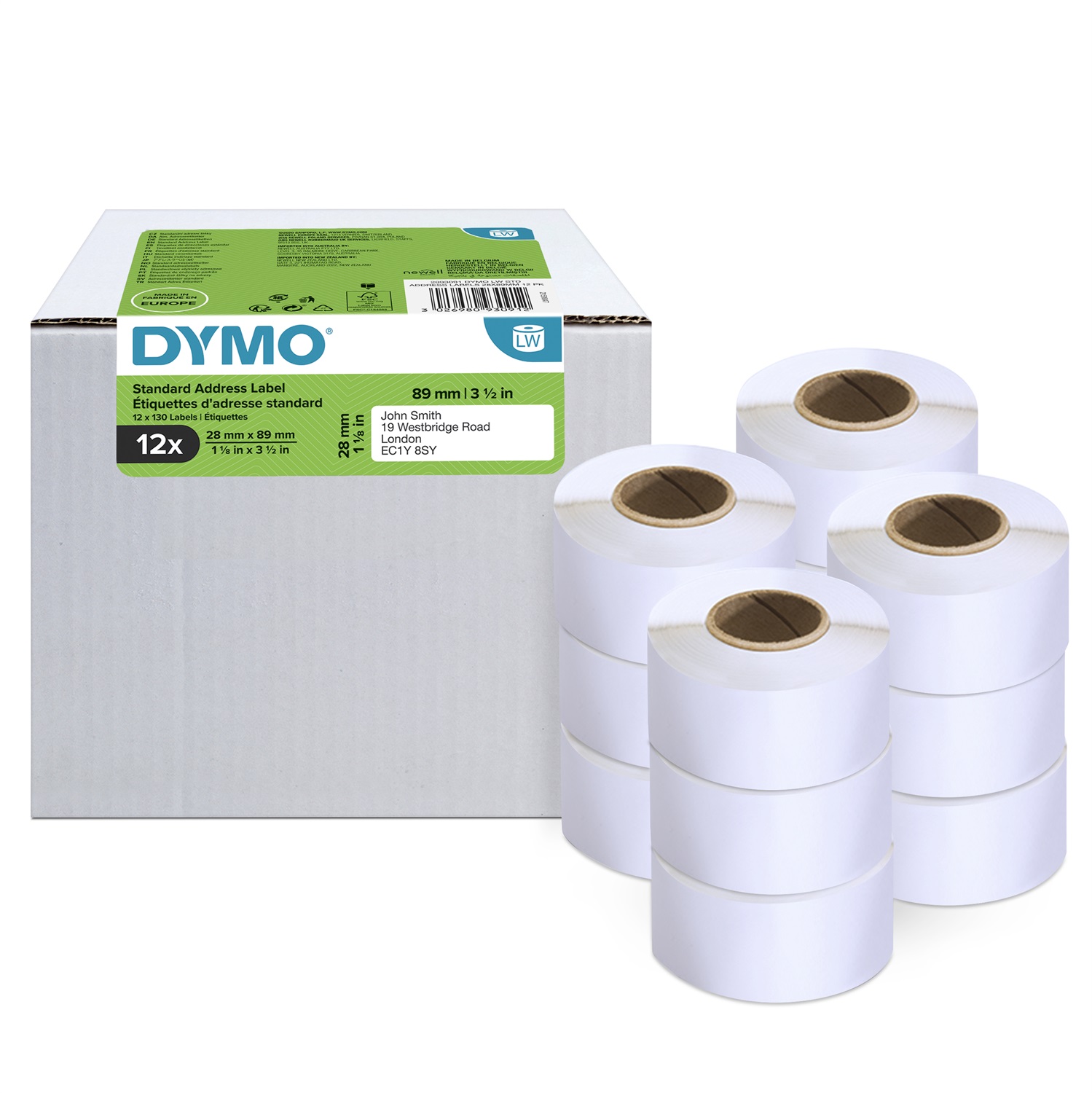 DYMO Etichette per Indirizzi Autoadesive - 28 x 89 mm - Confezione da 12 Rotoli (1.560 Etichette Totali) - Facili da Staccare e Compatibili con LabelWriter
