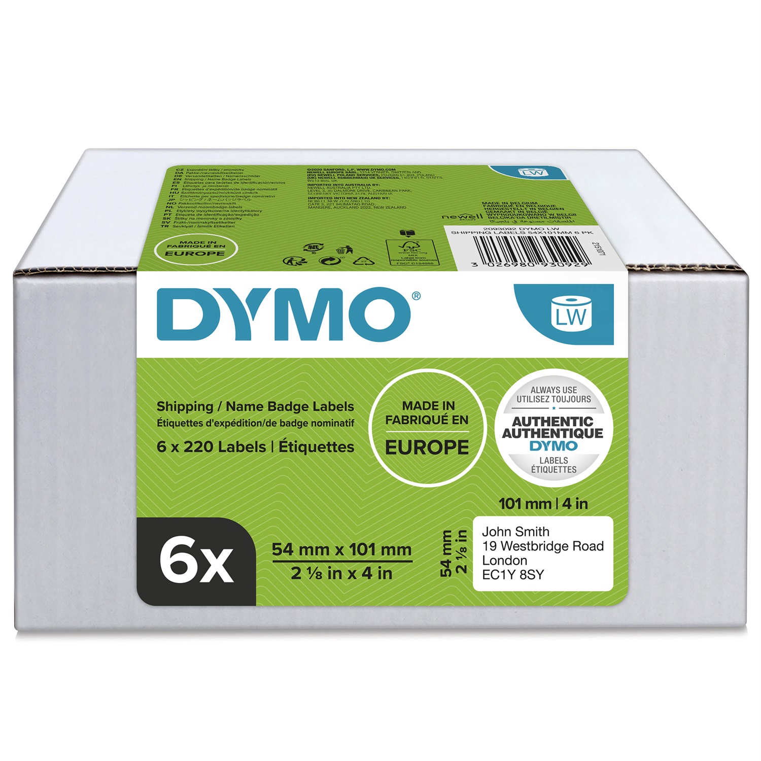 DYMO LW Etichette Originali Grandi per Spedizioni e Badge - 54 x 101 mm - Bianco - Value Pack 6 Rotoli da 220 Etichette (1.320 Totali)