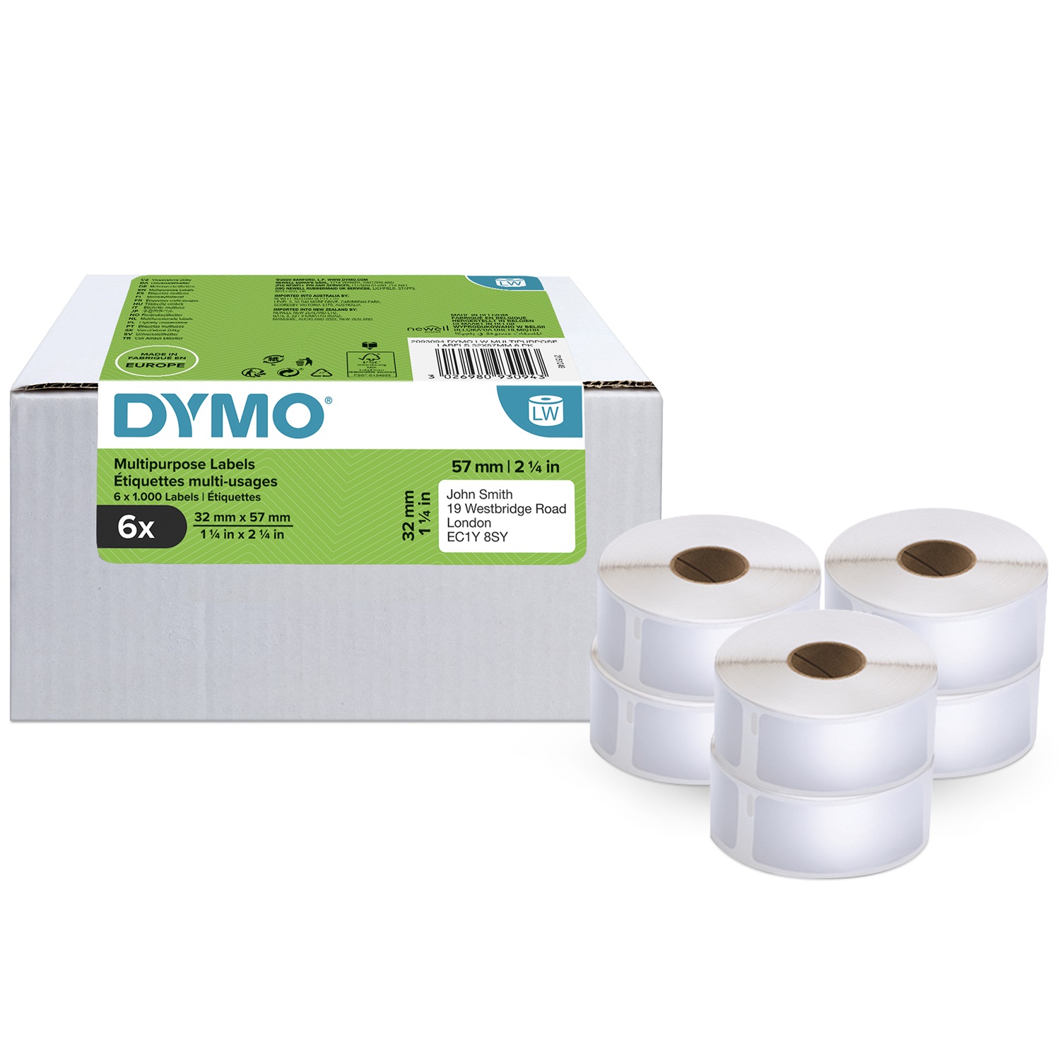 DYMO LW Etichette Multiuso Bianche 32 x 57 mm - 6 Rotoli da 1000 Etichette (6000 Totali) - Autoadesive per Etichettatrici LabelWriter