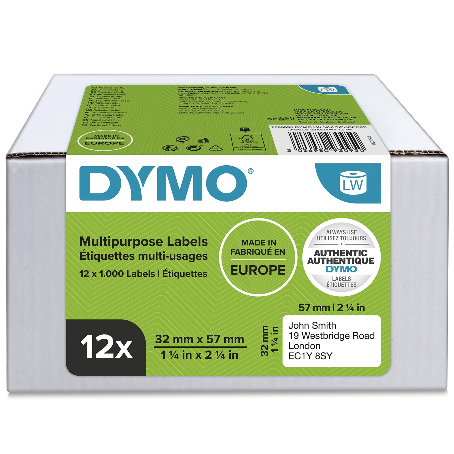DYMO Etichette Multiuso 32 x 57 mm - 12 Rotoli da 1000 Etichette Autoadesive - Colore Bianco