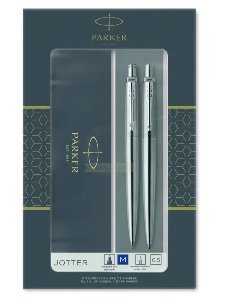 Parker Jotter Duo Set - Penna a Sfera a Scatto e Matita Portamine in Acciaio Inossidabile con Finiture Cromate, Confezione Regalo