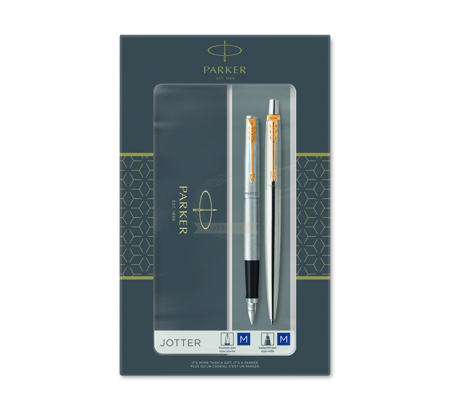 Parker Jotter Duo Set - Penna a Sfera e Penna Stilografica in Acciaio Inox con Finiture in Oro, Confezione Regalo