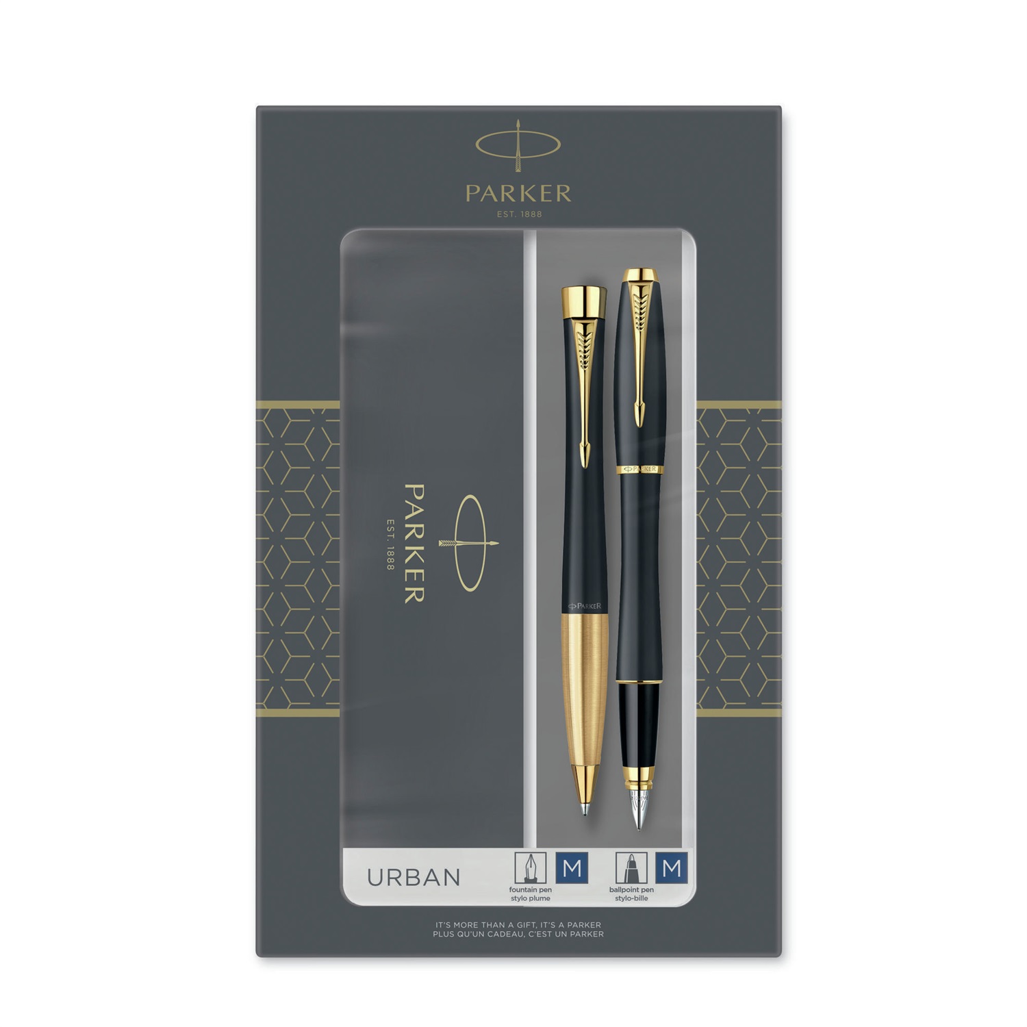 Parker Urban Duo Set - Penna a Sfera e Penna Stilografica Nero Opaco con Finiture in Oro, Confezione Regalo, 2 pz