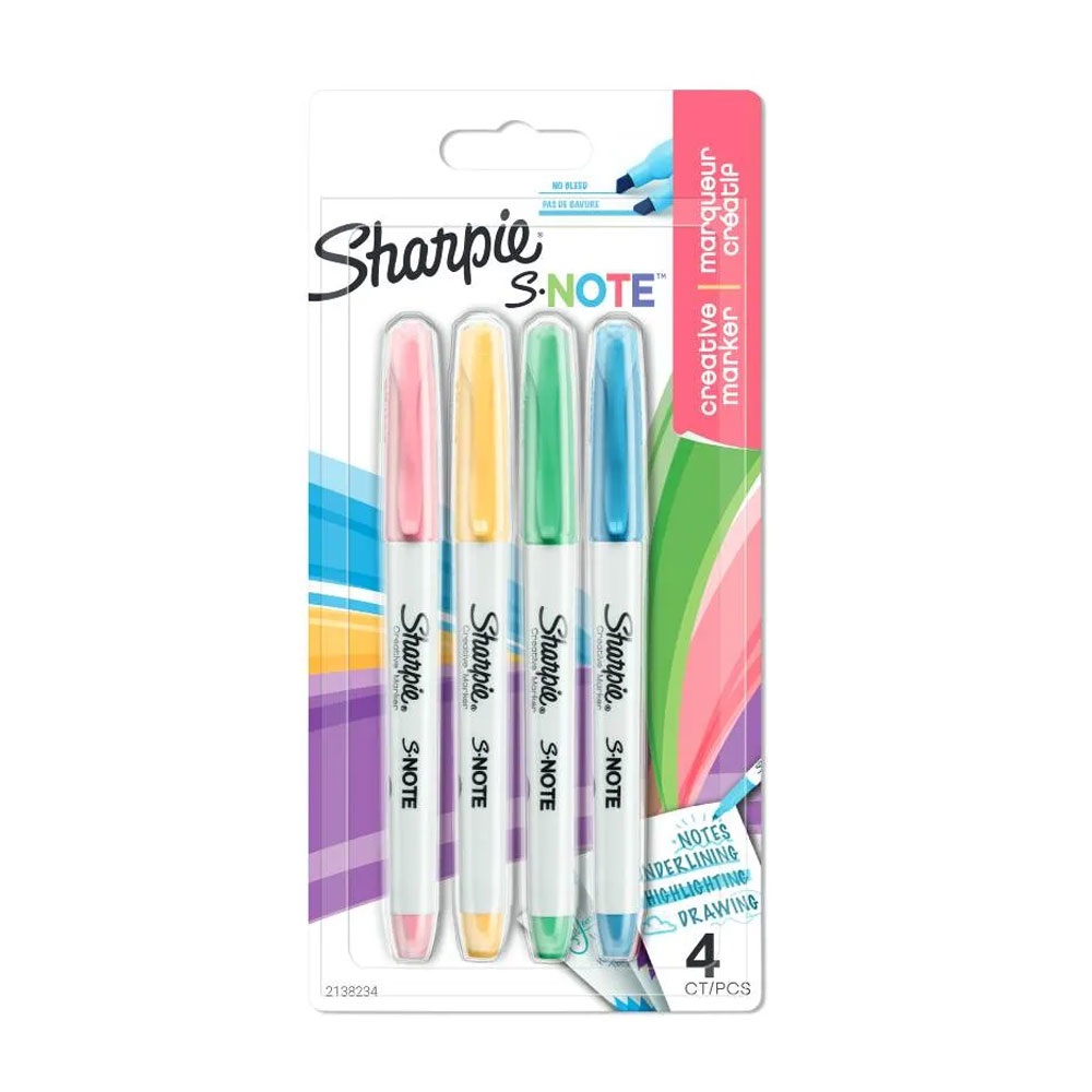 Sharpie S-Note Pennarelli Colorati - Punta Scalpello 2 in 1 - Colori Assortiti (Rosa, Giallo, Verde, Azzurro) - Astuccio da 4 Pezzi