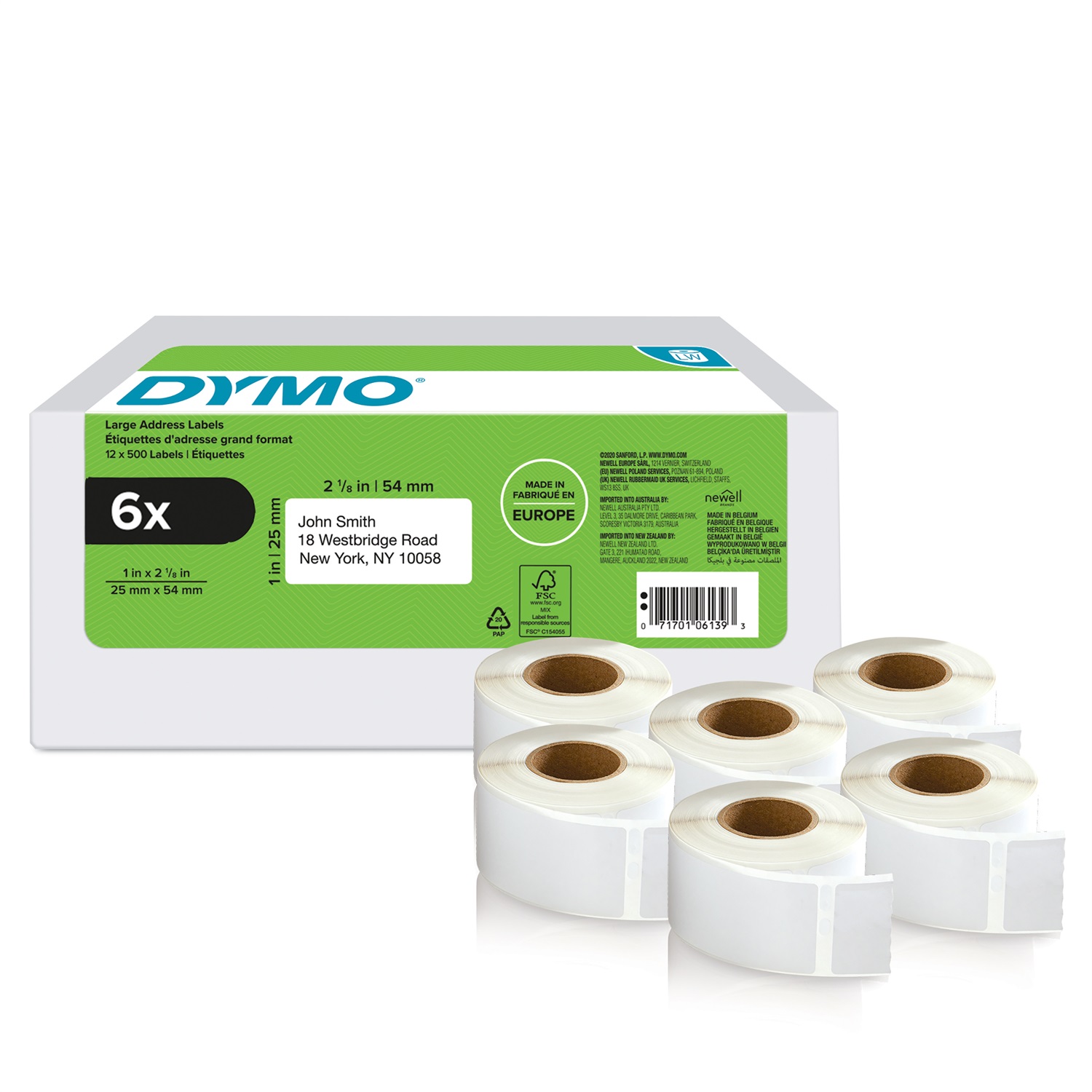 DYMO 2177564 Etichette Autoadesive per Indirizzi - 25 x 54 mm - Value Pack 6 Rotoli da 500 Etichette