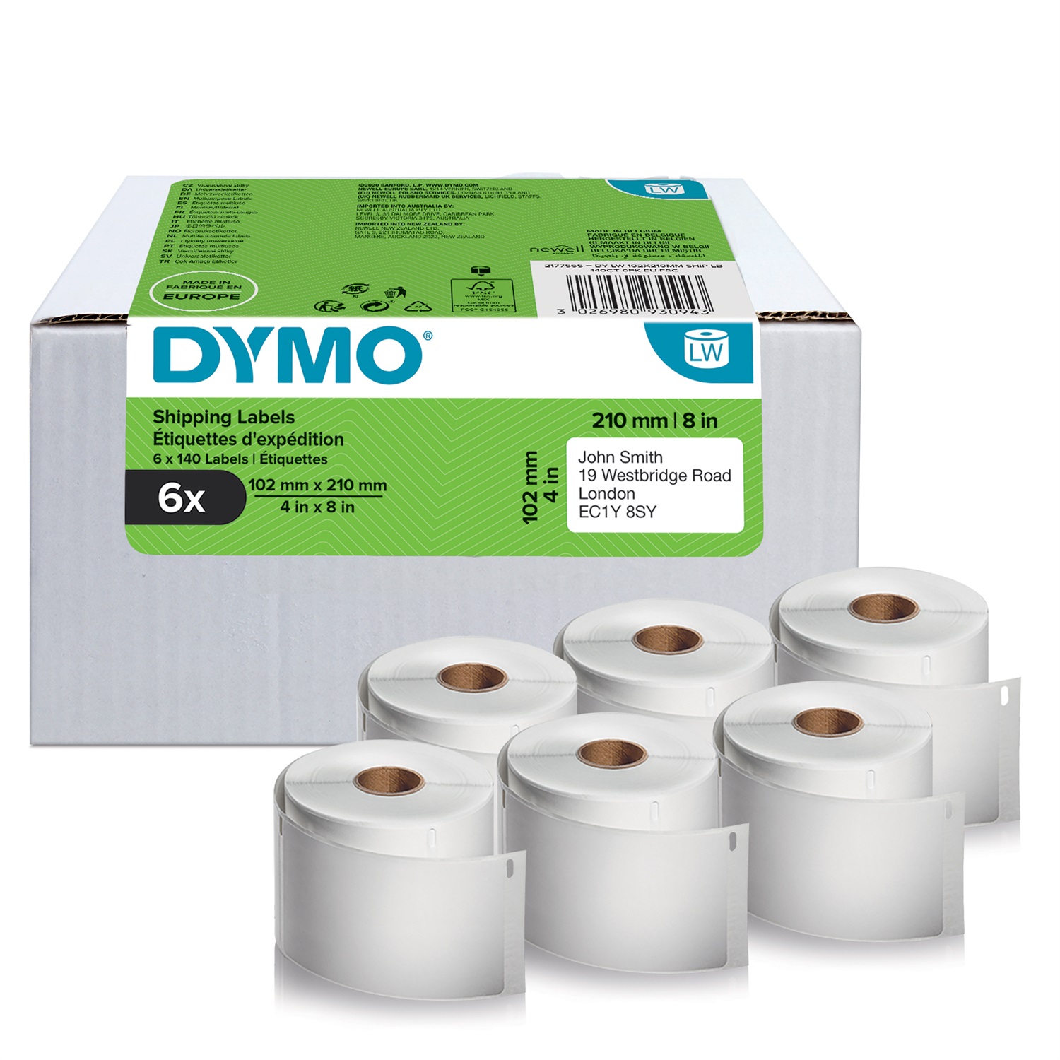 DYMO Etichette LW Originali per LabelWriter 5XL/4XL - 102 mm x 210 mm - 6 Rotoli da 140 Etichette (840 pezzi) - Nero su Bianco