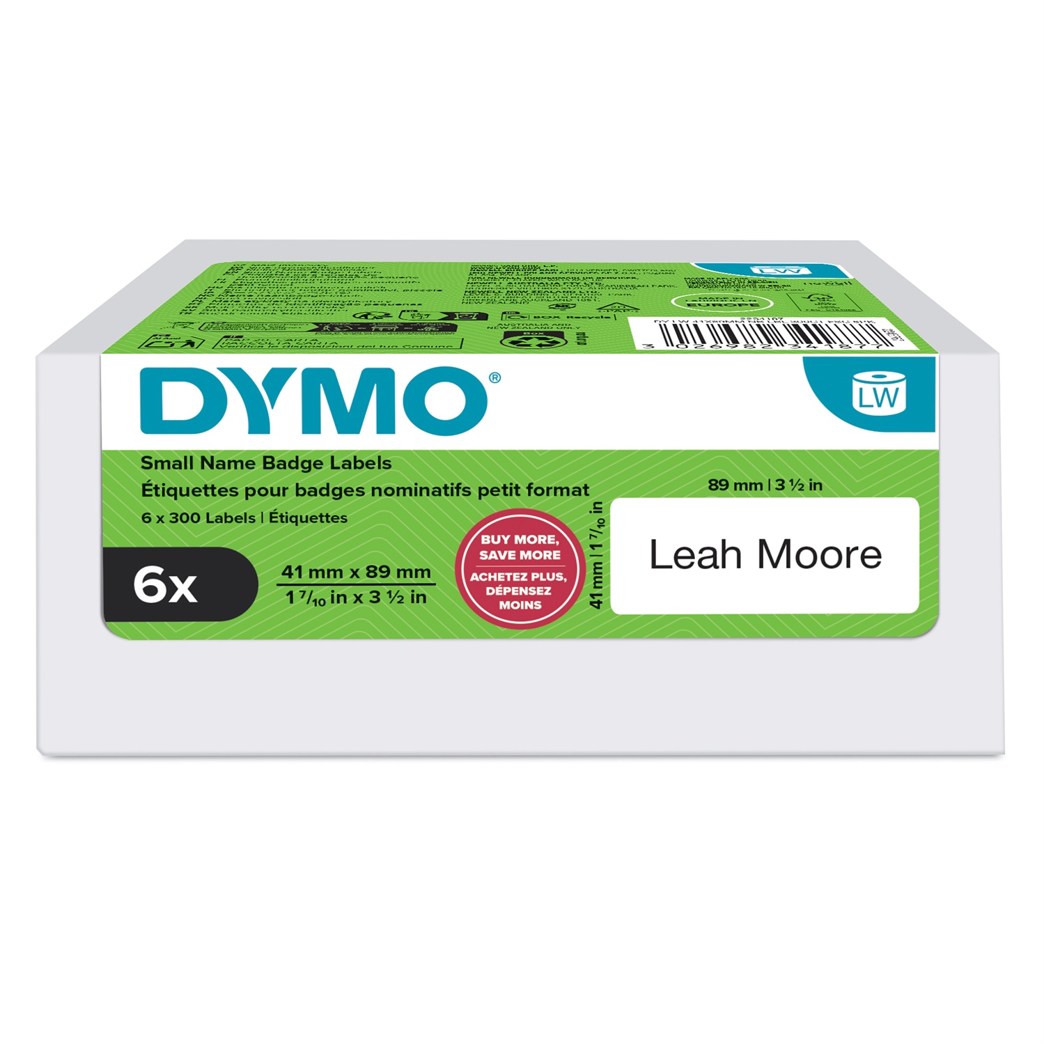 DYMO Etichette LW 41x89 mm - 6 Rotoli da 300 Etichette Autoadesive e Rimovibili per Stampante LabelWriter