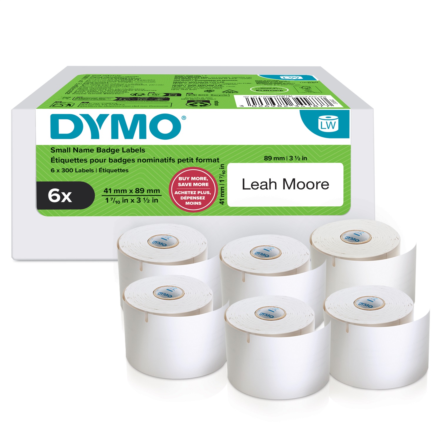 DYMO Etichette LW 41x89 mm - 6 Rotoli da 300 Etichette Autoadesive e Rimovibili per Stampante LabelWriter