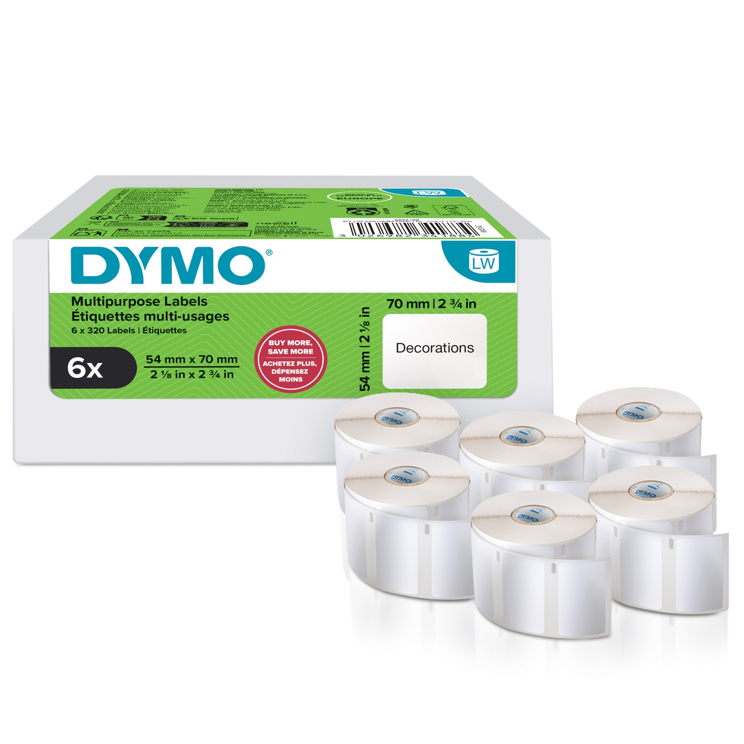 DYMO Etichette Multiuso 54x70 mm - 6 Rotoli da 320 Etichette Autoadesive per LabelWriter