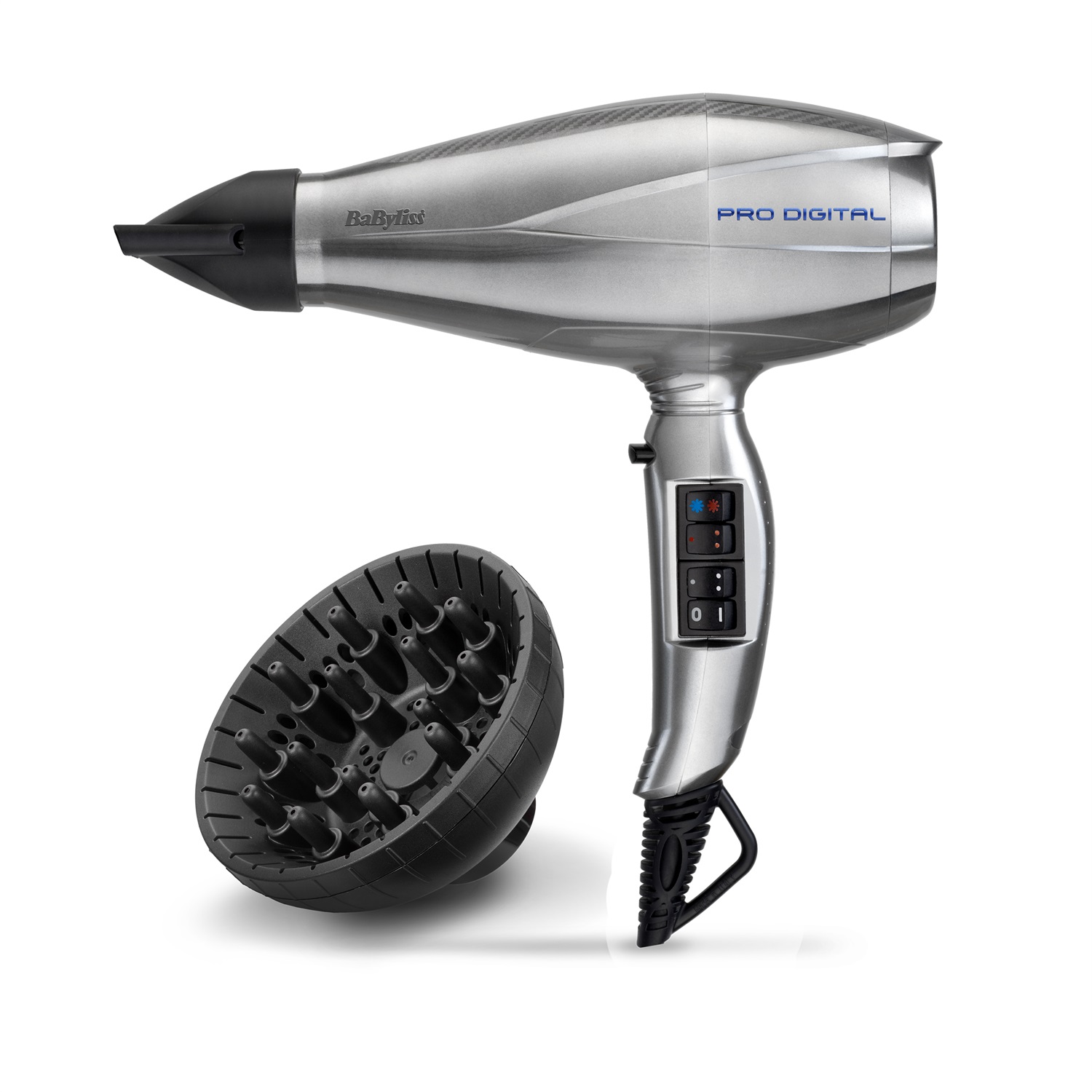 BaByliss Pro Digital Asciugacapelli 2200 W Professionale con Motore Digitale, Funzione Ionica, Diffusore e Concentratori, Grigio e Argento