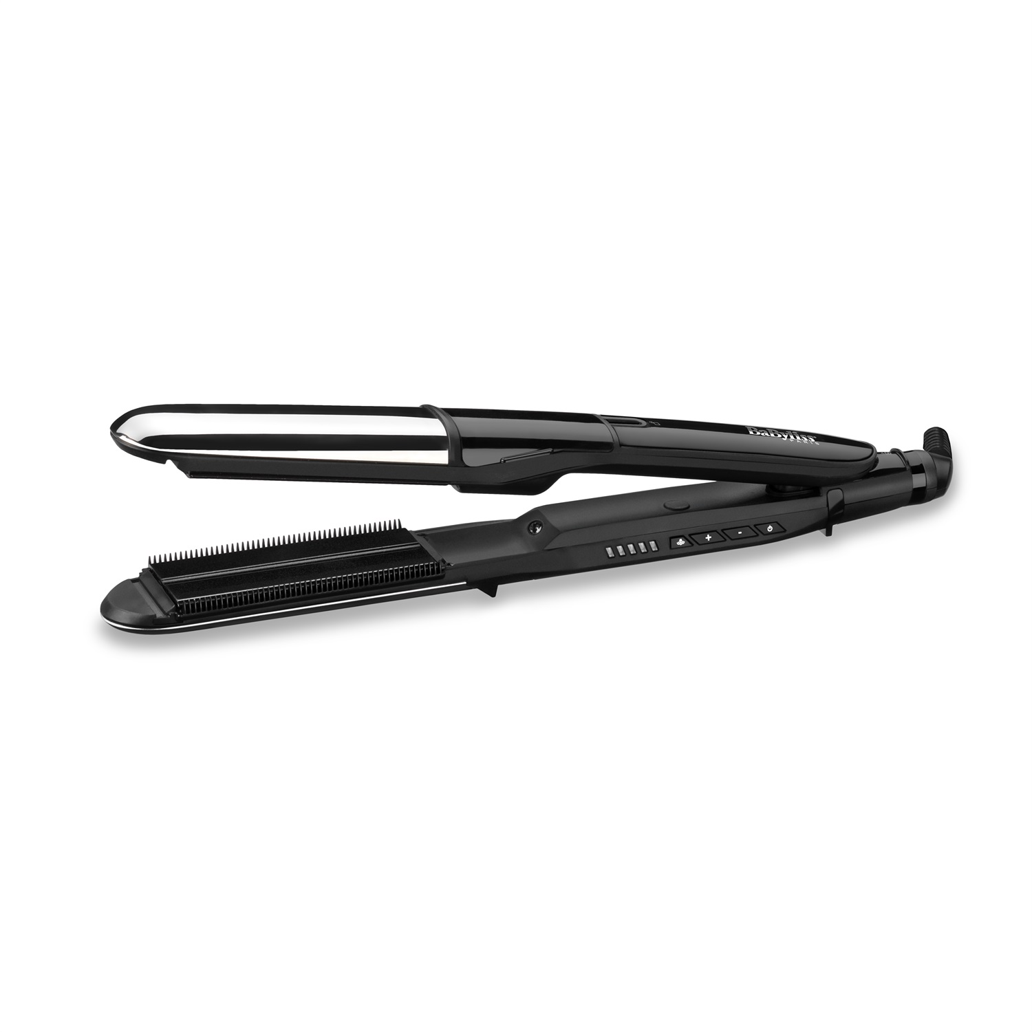 BaByliss ST496E Piastra a Vapore 2in1 Steamshine Ceramic - Piastre Larghe da 39mm, Funzione Ionica, 5 Temperature, Auto Spegnimento, Nero e Argento