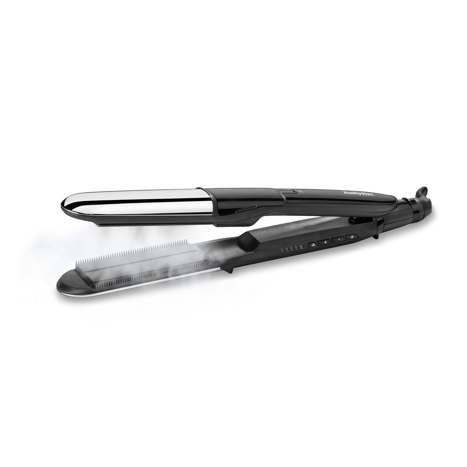 BaByliss ST496E Piastra a Vapore 2in1 Steamshine Ceramic - Piastre Larghe da 39mm, Funzione Ionica, 5 Temperature, Auto Spegnimento, Nero e Argento