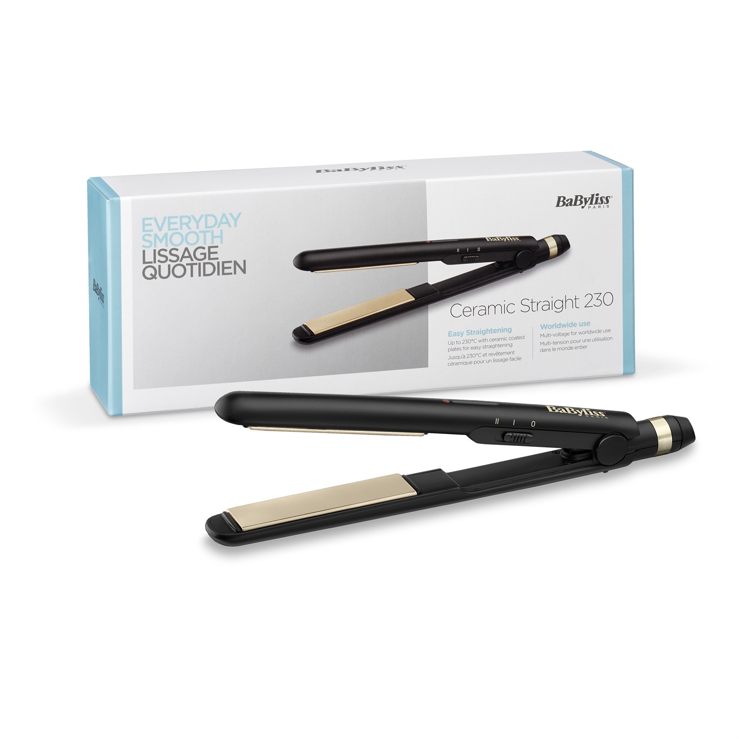 BaByliss ST089E Ceramic Straight 230 - Piastra per capelli lisciante in ceramica, 40W, 2 temperature (200°C e 230°C), riscaldamento rapido, multi-voltaggio, tappetino termo-resistente incluso, colore nero