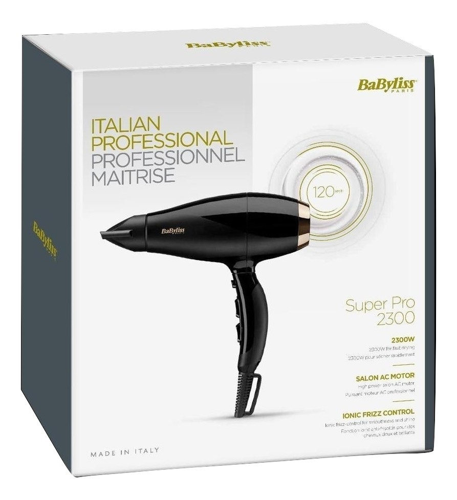 BaByliss Super Pro 2300 Asciugacapelli Professionale 2300 W con 3 Temperature e 2 Velocità - Nero e Oro