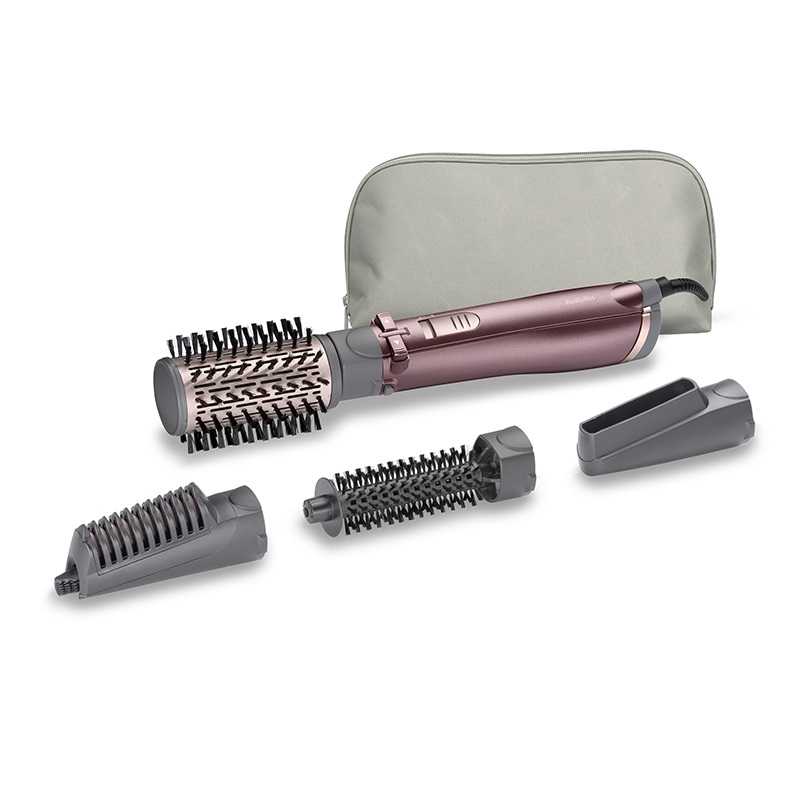 BaByliss AS960E Spazzola ad Aria Calda Rotante 1000W con Funzione Ionica Anti-Crespo, 4 Accessori, 2 Temperature e Tasto Aria Fredda - Rose Gold
