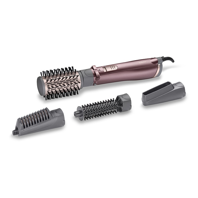 BaByliss AS960E Spazzola ad Aria Calda Rotante 1000W con Funzione Ionica Anti-Crespo, 4 Accessori, 2 Temperature e Tasto Aria Fredda - Rose Gold