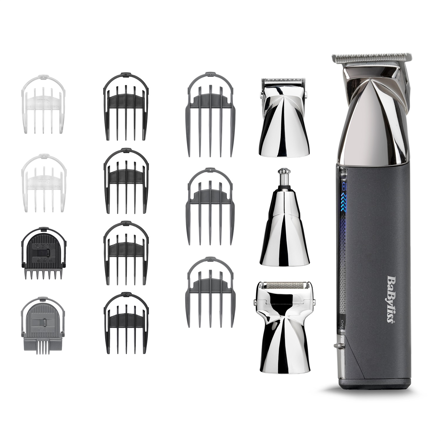 BaByliss MT996E Super-X Metal 15 in 1 Multi Trimmer con 4 testine intercambiabili, lame in acciaio giapponese, batteria al litio e base di supporto