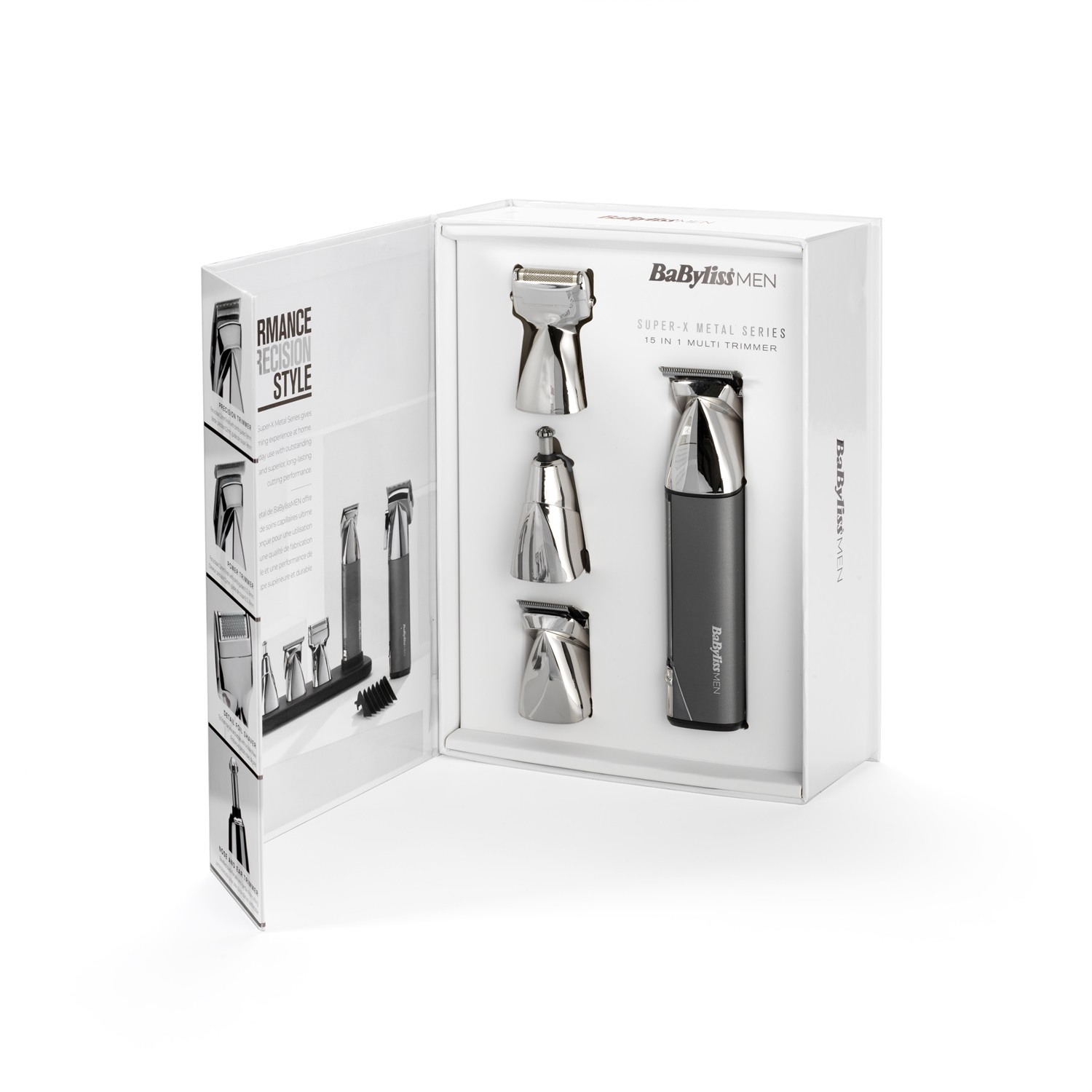 BaByliss MT996E Super-X Metal 15 in 1 Multi Trimmer con 4 testine intercambiabili, lame in acciaio giapponese, batteria al litio e base di supporto