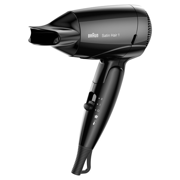 Braun Satin Hair 1 Style&Go BRHD130E Asciugacapelli 1200W Nero, 2 Temperature, Ultra Leggero, Multivoltaggio, Manico Pieghevole, Concentratore