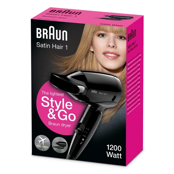 Braun Satin Hair 1 Style&Go BRHD130E Asciugacapelli 1200W Nero, 2 Temperature, Ultra Leggero, Multivoltaggio, Manico Pieghevole, Concentratore