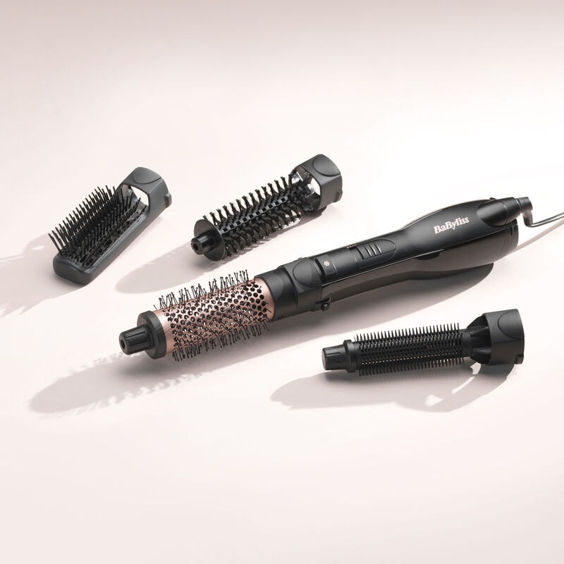 BaByliss AS122E Spazzola ad Aria Calda 1200W con 4 Accessori, 3 Temperature e Funzione Ionica Anti-Crespo - Nero e Rose Gold