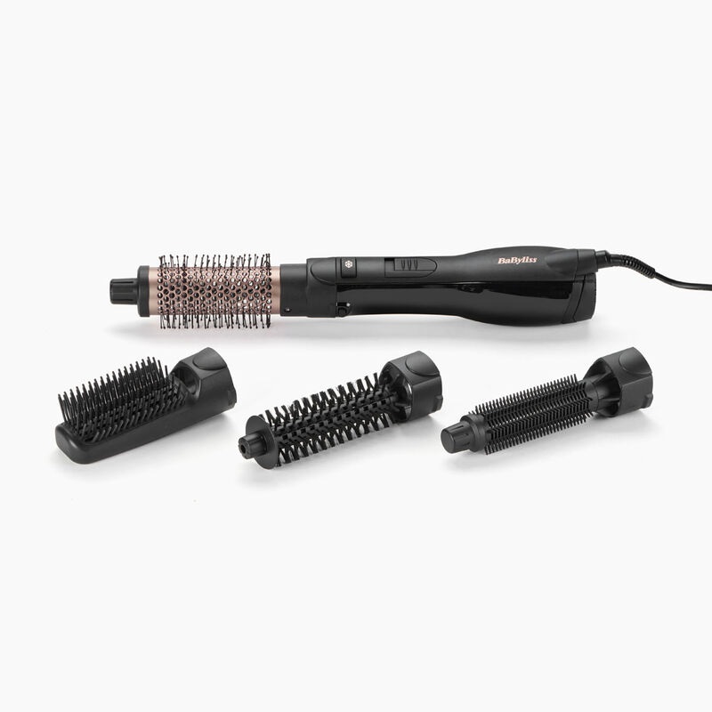 BaByliss AS122E Spazzola ad Aria Calda 1200W con 4 Accessori, 3 Temperature e Funzione Ionica Anti-Crespo - Nero e Rose Gold