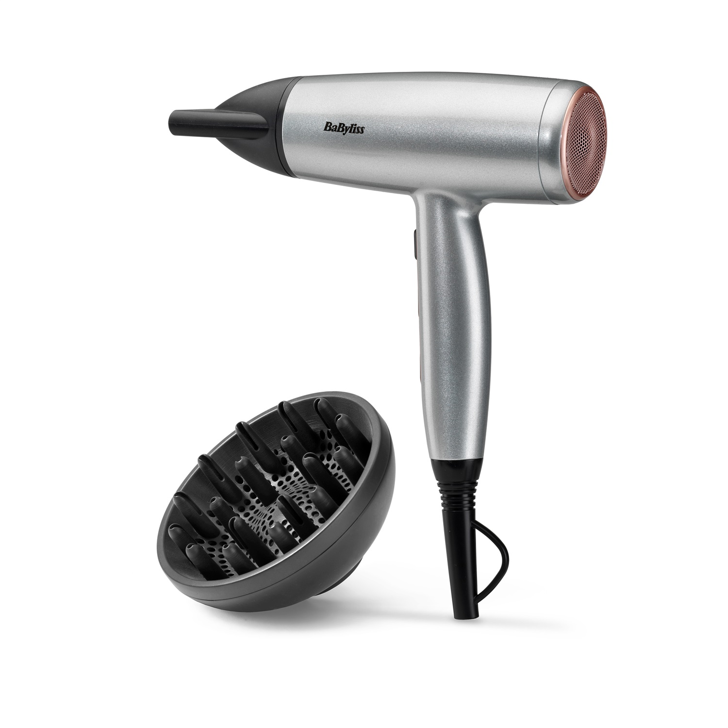 BaByliss Cosmos Asciugacapelli Leggero 2100W con Diffusore, Ionico Anti-Crespo, 3 Impostazioni di Calore e 2 di Velocità, Argento, D580DE