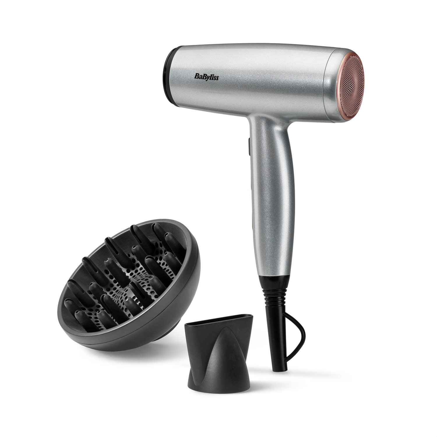 BaByliss Cosmos Asciugacapelli Leggero 2100W con Diffusore, Ionico Anti-Crespo, 3 Impostazioni di Calore e 2 di Velocità, Argento, D580DE