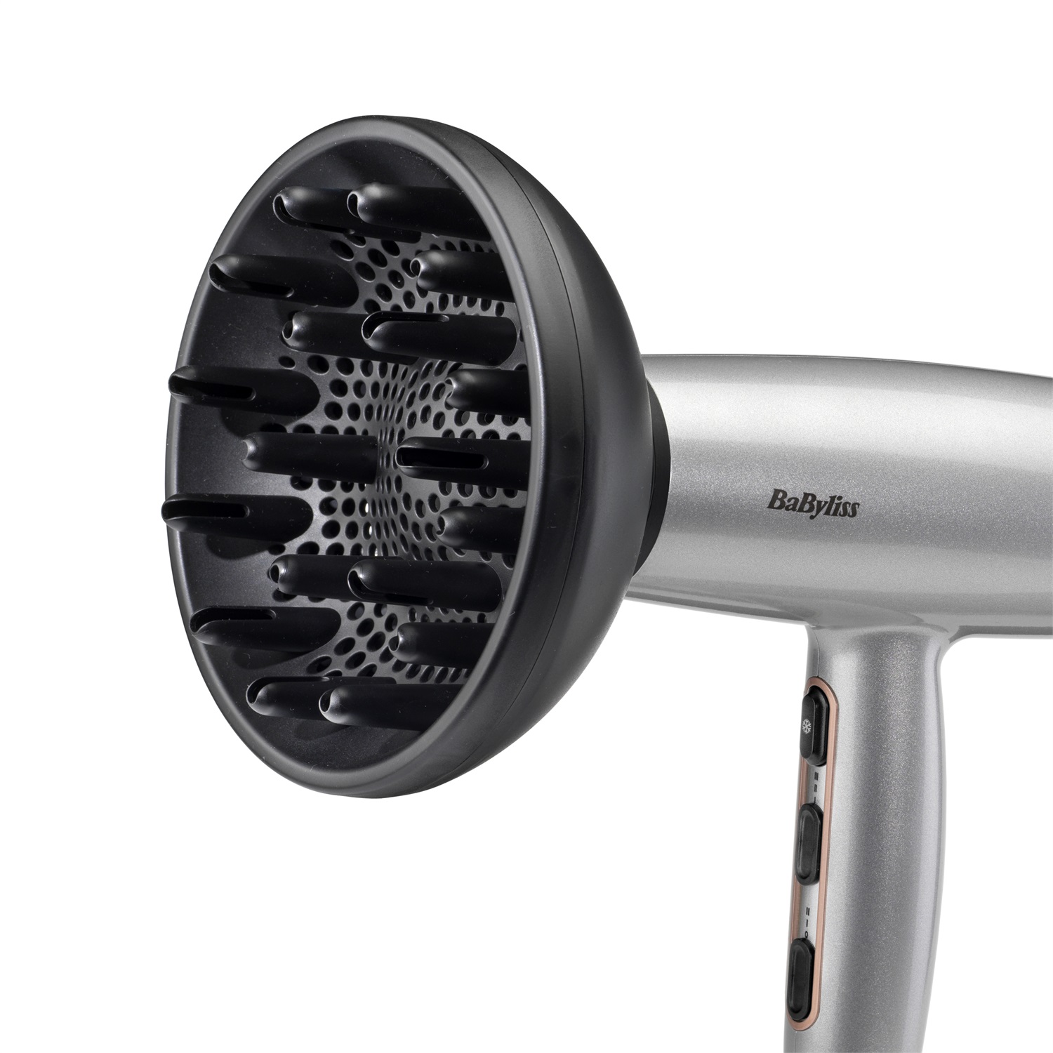 BaByliss Cosmos Asciugacapelli Leggero 2100W con Diffusore, Ionico Anti-Crespo, 3 Impostazioni di Calore e 2 di Velocità, Argento, D580DE