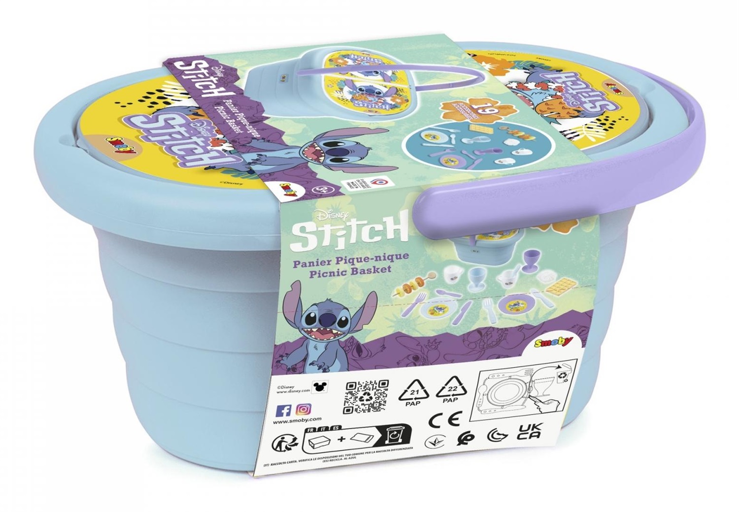 Smoby Cestino da Picnic Stitch - 19 Accessori Inclusi, Design Tematico con Adesivi, Manico Ergonomico, Dai 3 Anni