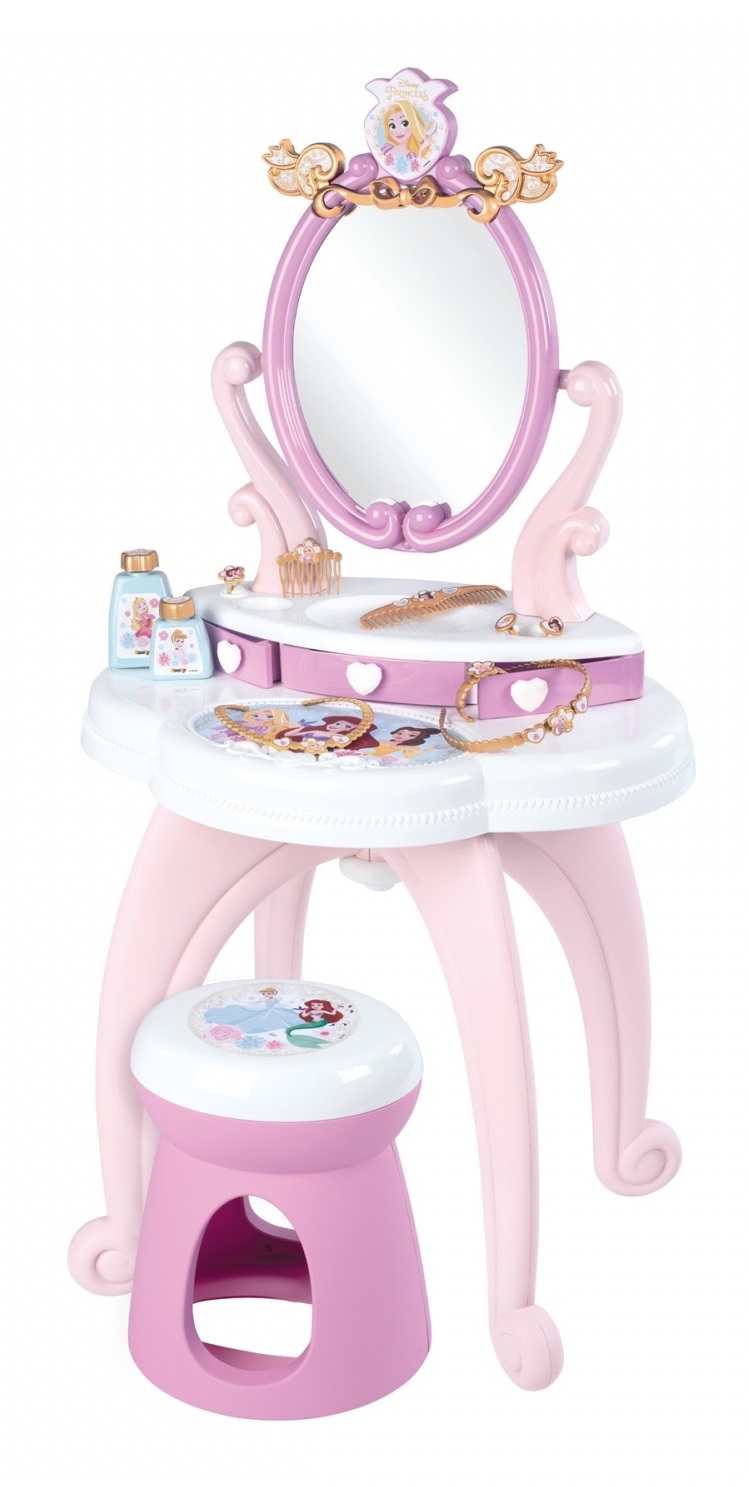 Smoby Disney Princess Specchiera 2 in 1 con Sgabello, Specchio Girevole, 10 Accessori, 3 Anni