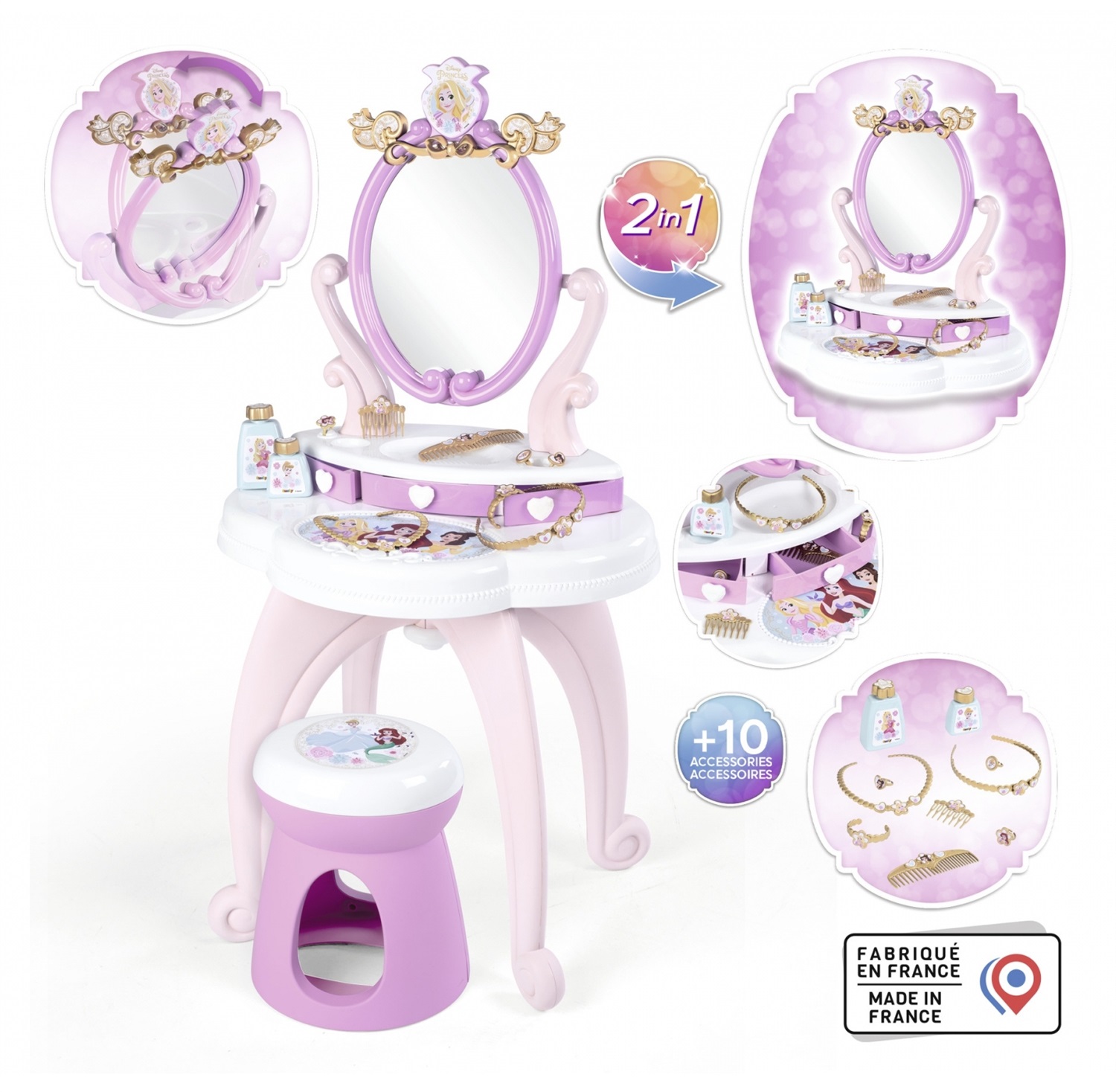 Smoby Disney Princess Specchiera 2 in 1 con Sgabello, Specchio Girevole, 10 Accessori, 3 Anni