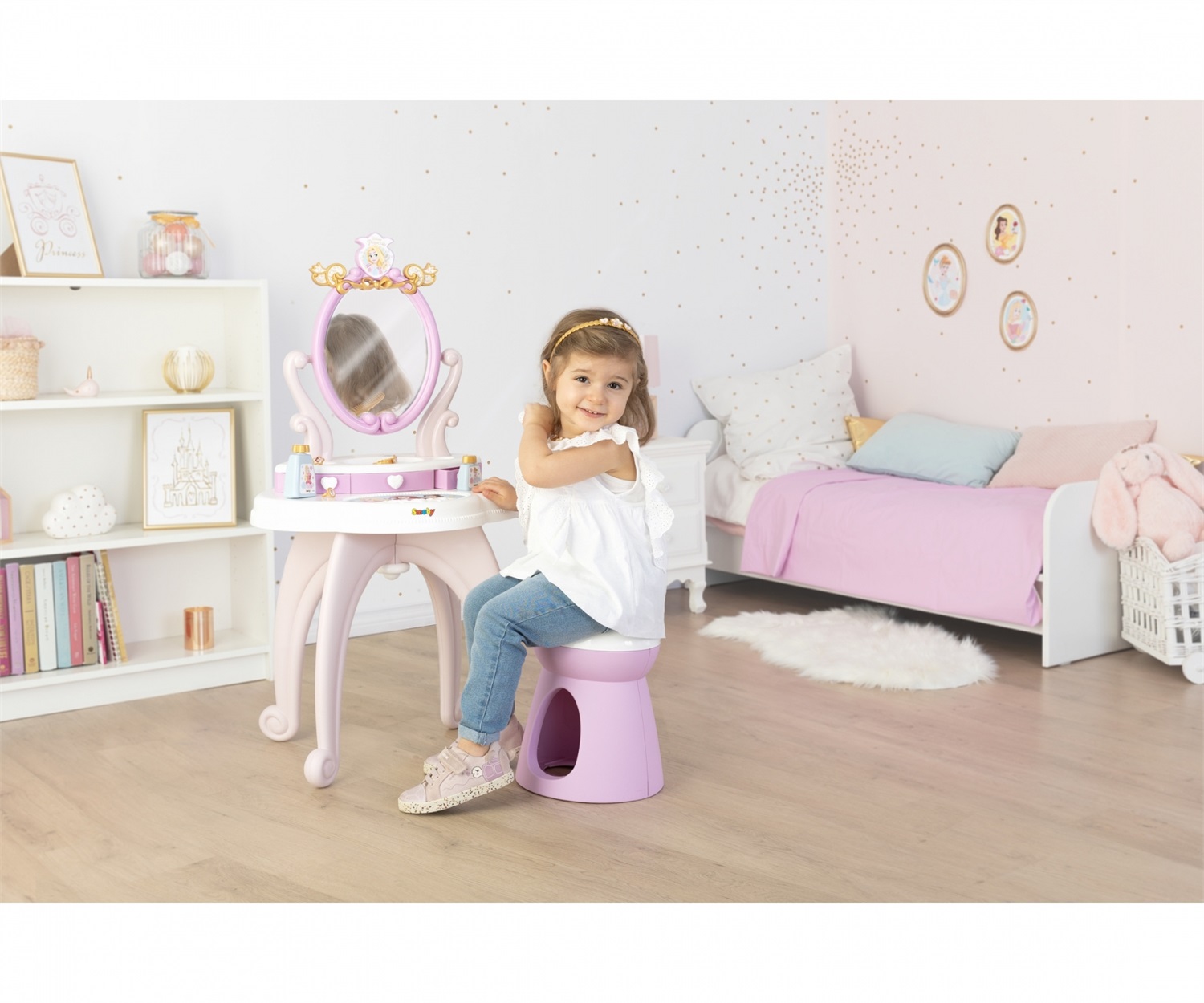 Smoby Disney Princess Specchiera 2 in 1 con Sgabello, Specchio Girevole, 10 Accessori, 3 Anni