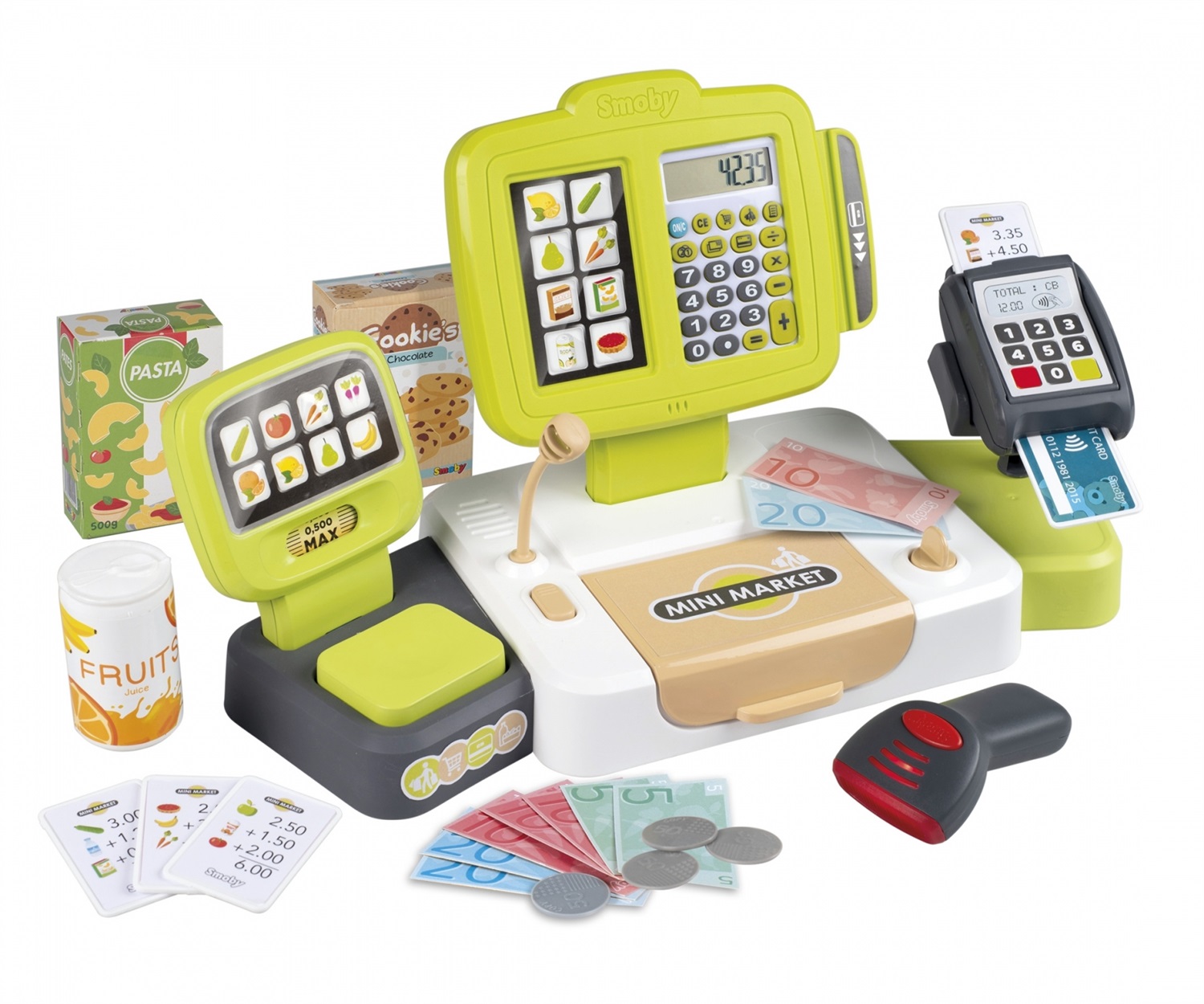Smoby Cassa Elettronica 7600350114 - Multicolore, con Calcolatrice LCD, Scanner Sonoro e Luminoso, 30 Accessori, Adatta dai 3 Anni