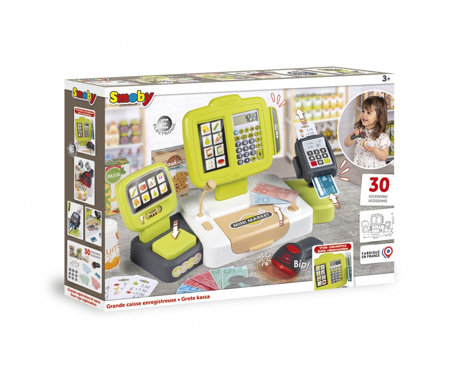 Smoby Cassa Elettronica 7600350114 - Multicolore, con Calcolatrice LCD, Scanner Sonoro e Luminoso, 30 Accessori, Adatta dai 3 Anni