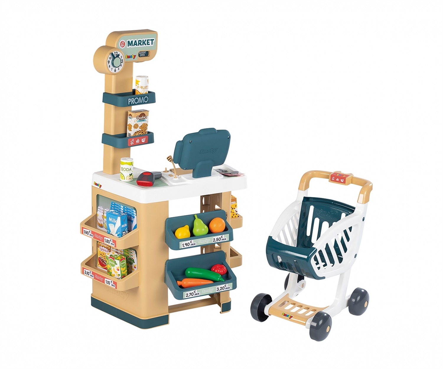 Smoby Supermarket con Carrello - 7600350238, Gioco di Ruolo per Bambini 3 Anni, Cassa con Lettore Codici a Barre, 34 Accessori, Luci e Suoni