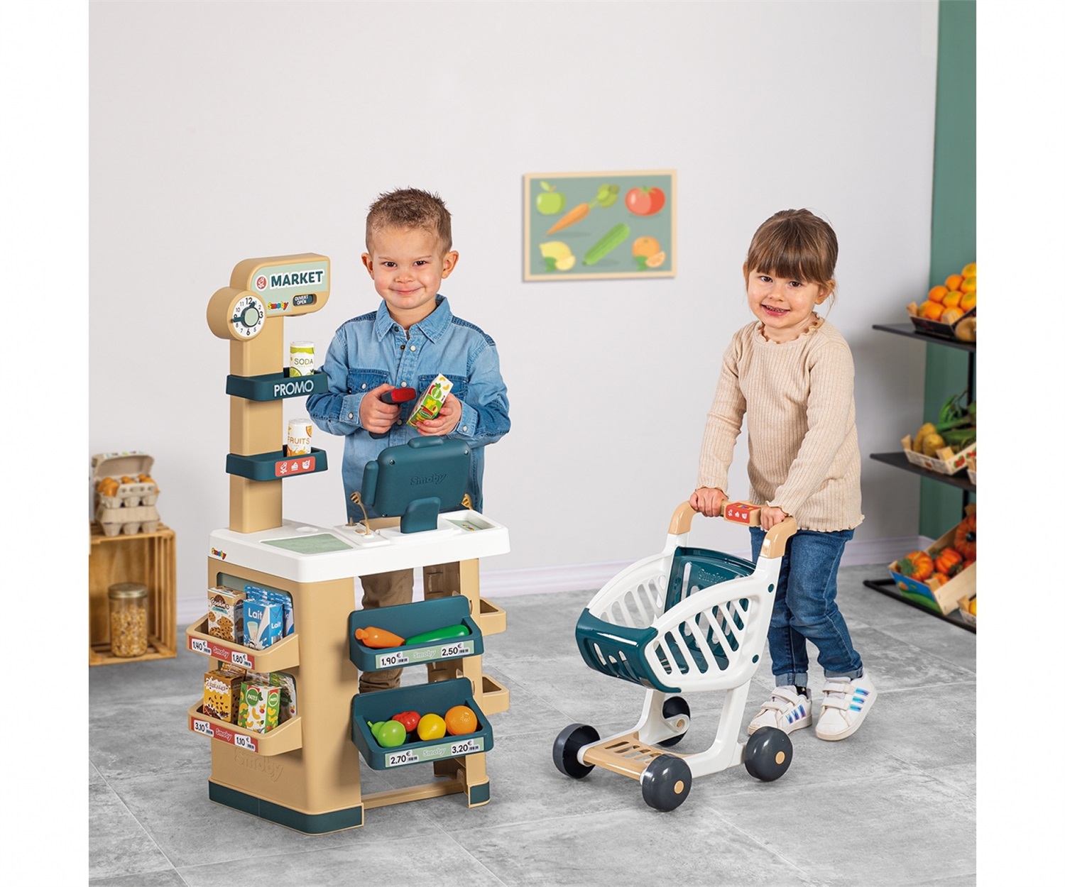 Smoby Supermarket con Carrello - 7600350238, Gioco di Ruolo per Bambini 3 Anni, Cassa con Lettore Codici a Barre, 34 Accessori, Luci e Suoni