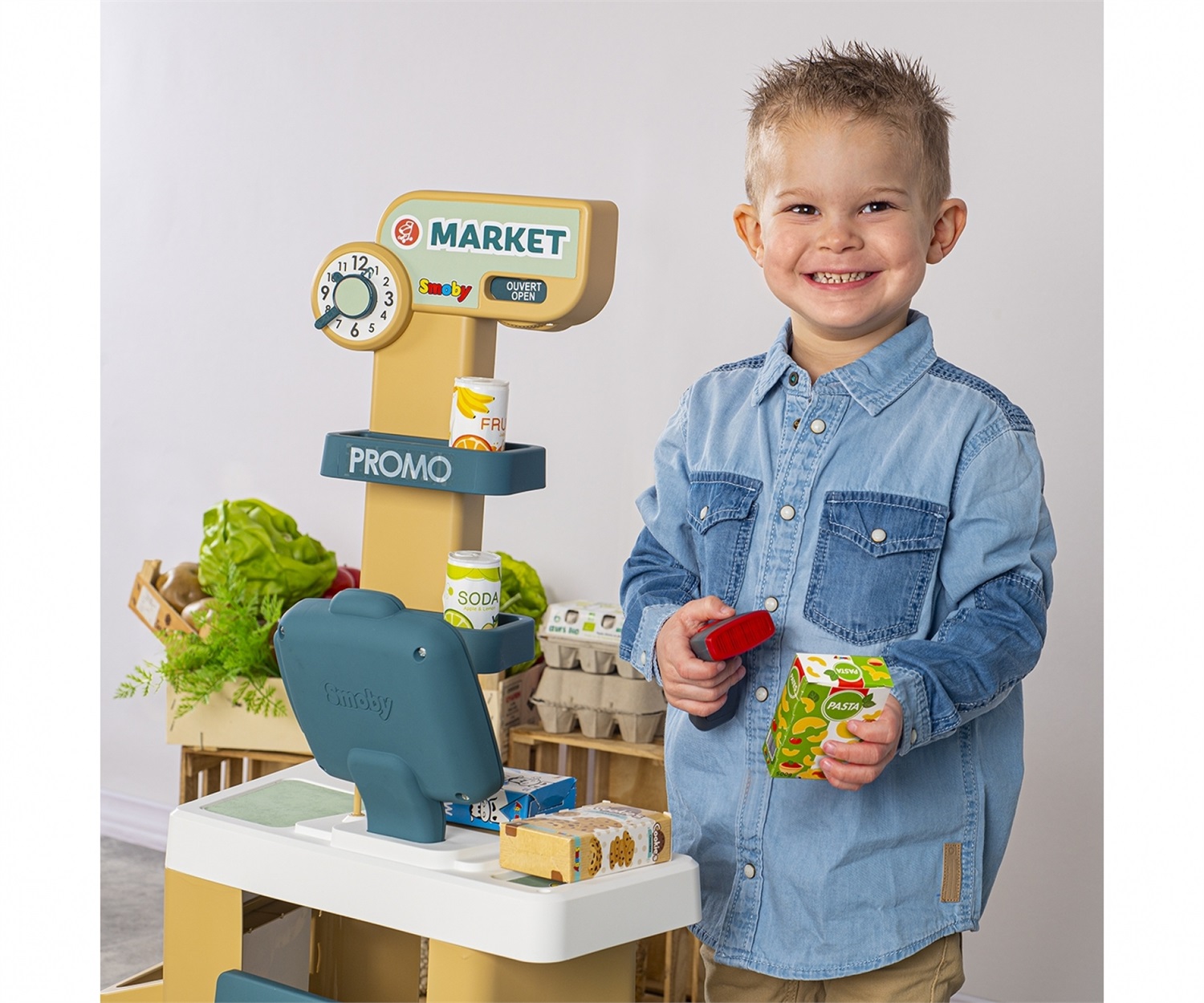 Smoby Supermarket con Carrello - 7600350238, Gioco di Ruolo per Bambini 3 Anni, Cassa con Lettore Codici a Barre, 34 Accessori, Luci e Suoni