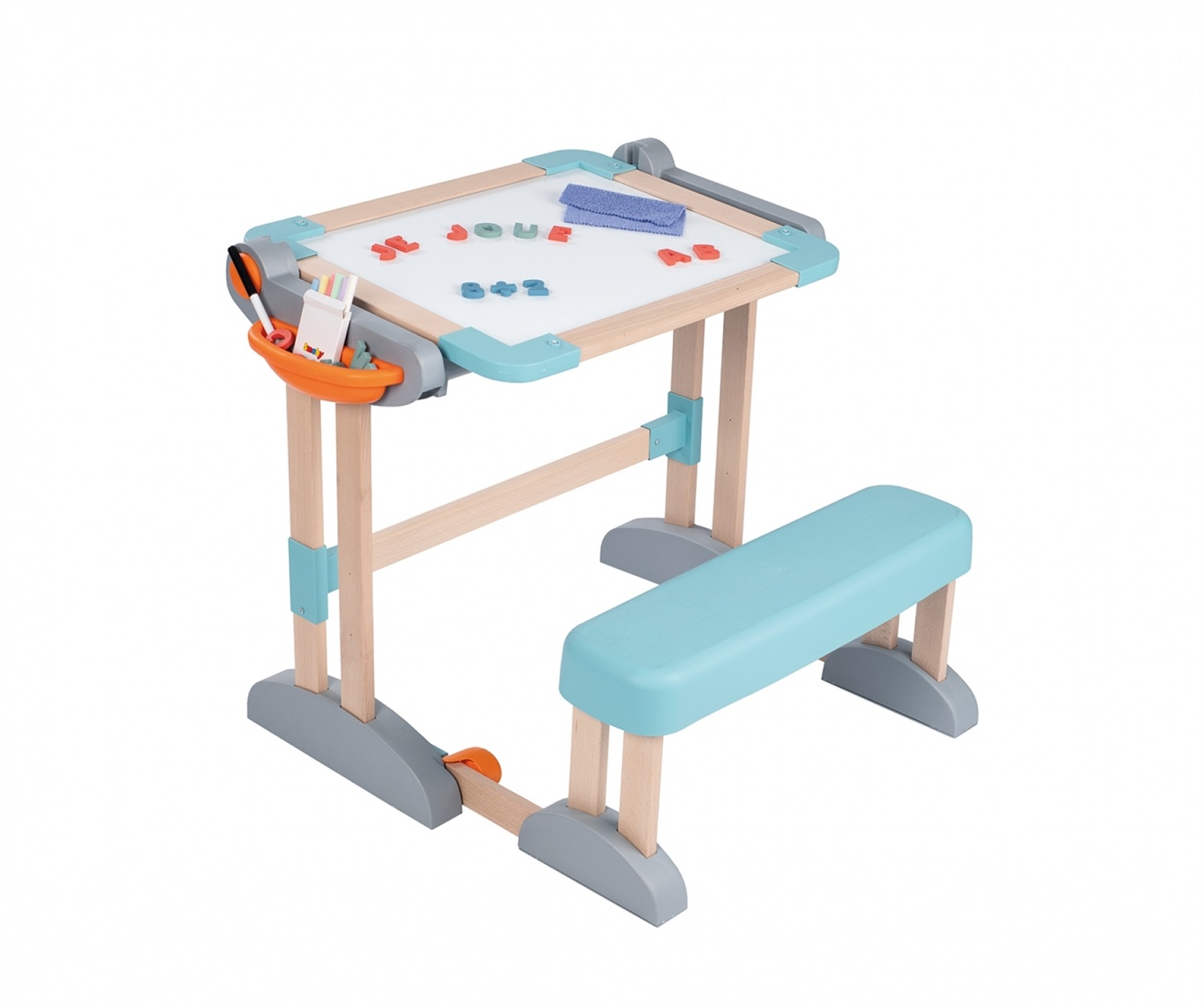 Smoby Banco Scuola Evolutivo Space 2 in 1 - Legno e Plastica con 80 Accessori, Trasformabile in Lavagna