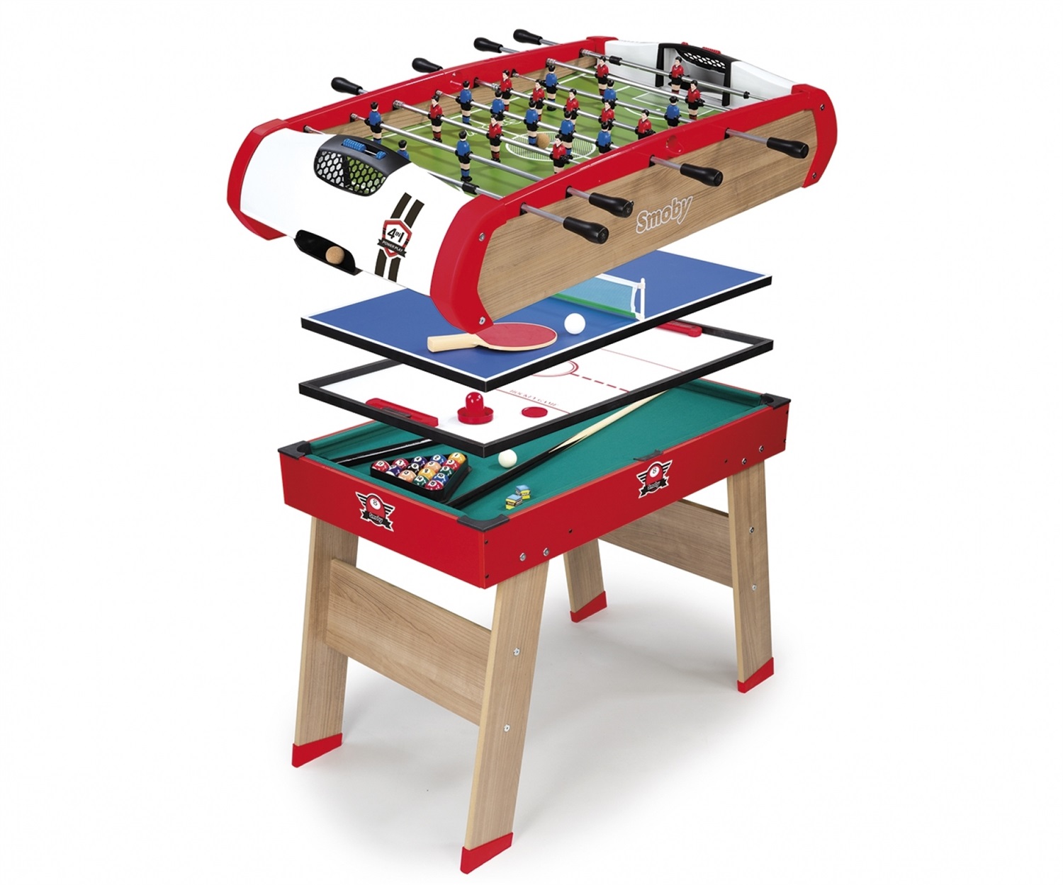 Smoby Calcio Balilla Powerplay 4 in 1 - Tavolo Multigioco con Biliardo, Ping Pong e Hockey - Struttura in Legno, Accessori Inclusi
