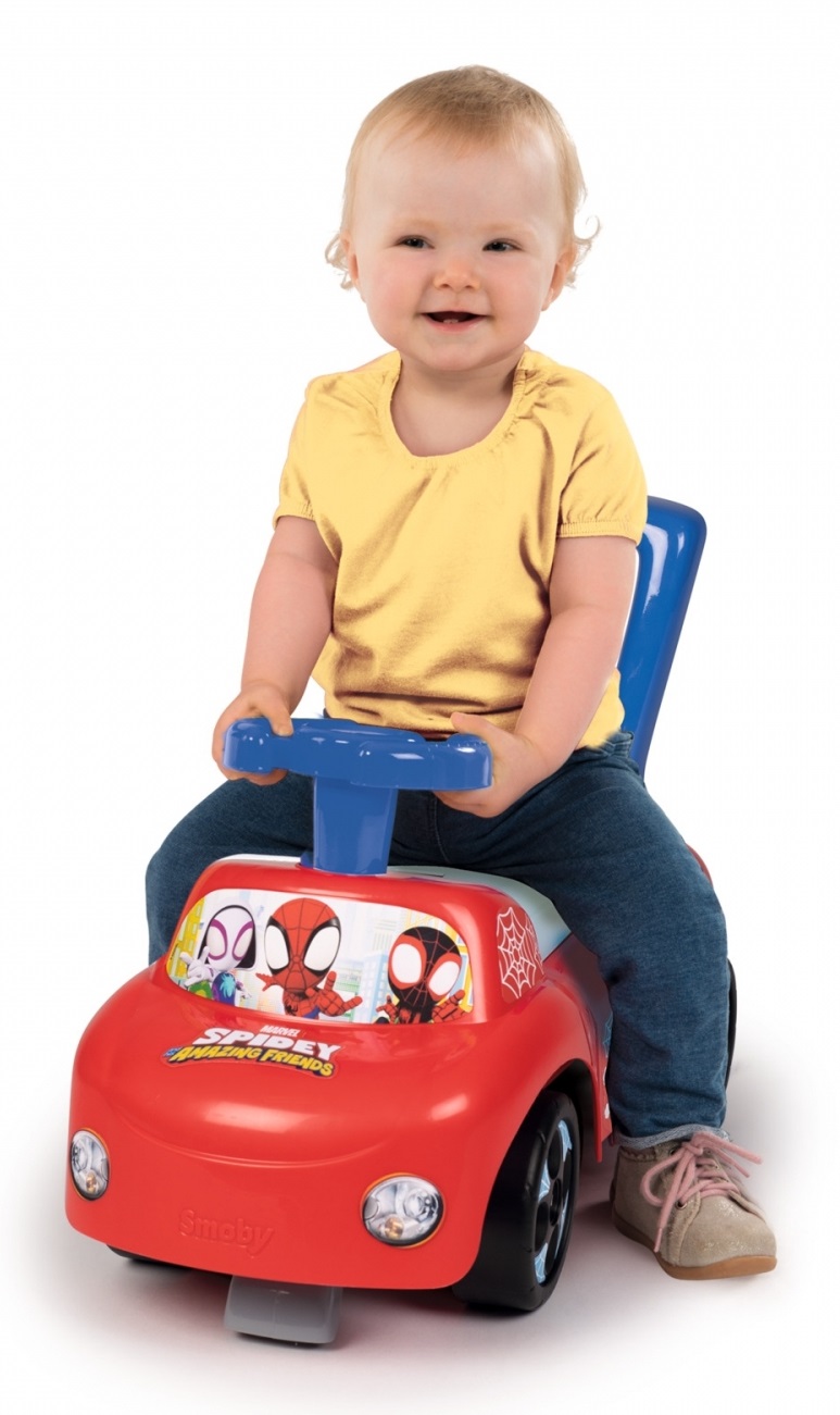 Smoby Spidey Prima Auto Cavalcabile - Giocattolo a Dondolo con Fermi Antiribaltamento e Vano Portaoggetti, da 10 Mesi a 3 Anni