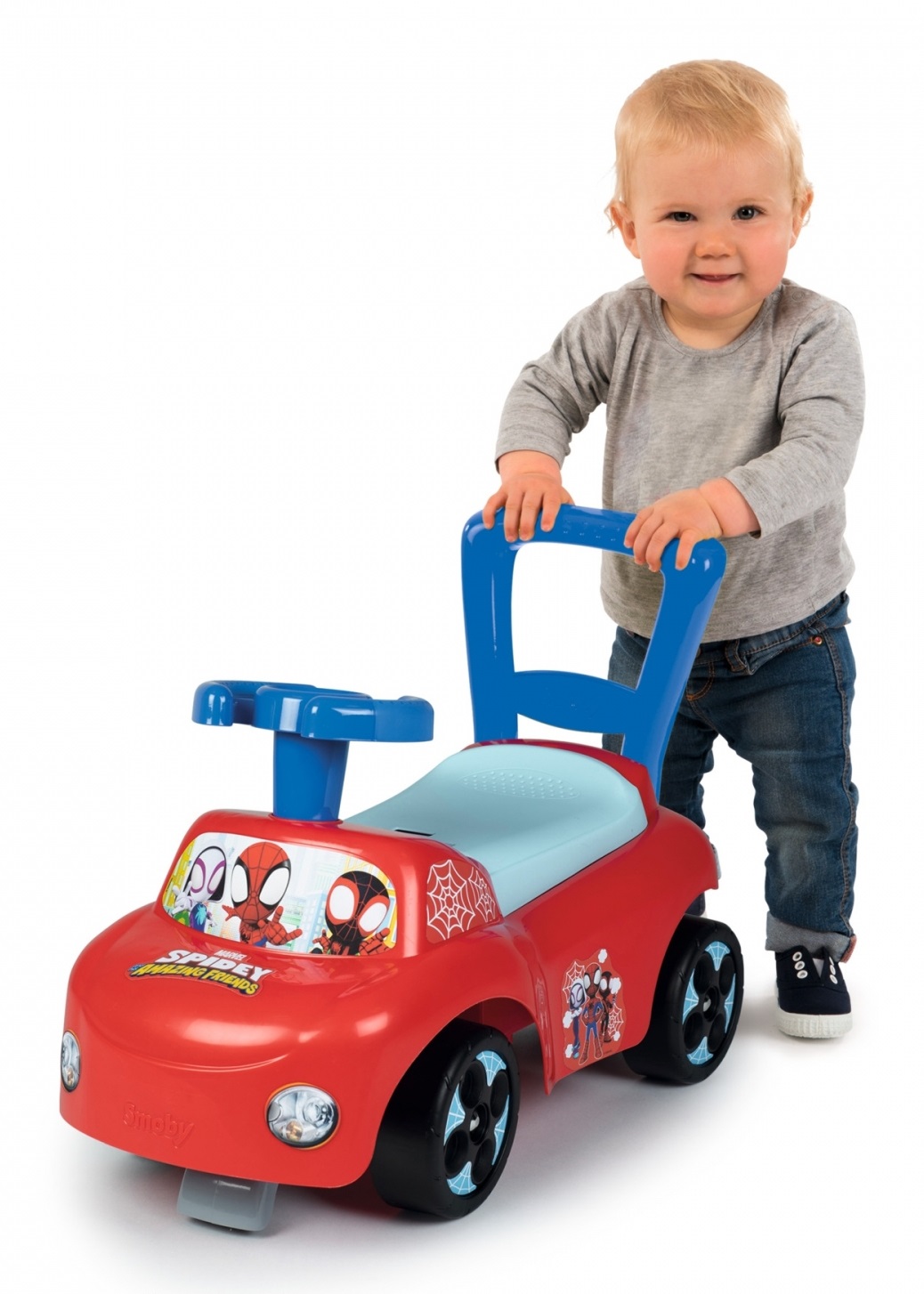 Smoby Spidey Prima Auto Cavalcabile - Giocattolo a Dondolo con Fermi Antiribaltamento e Vano Portaoggetti, da 10 Mesi a 3 Anni