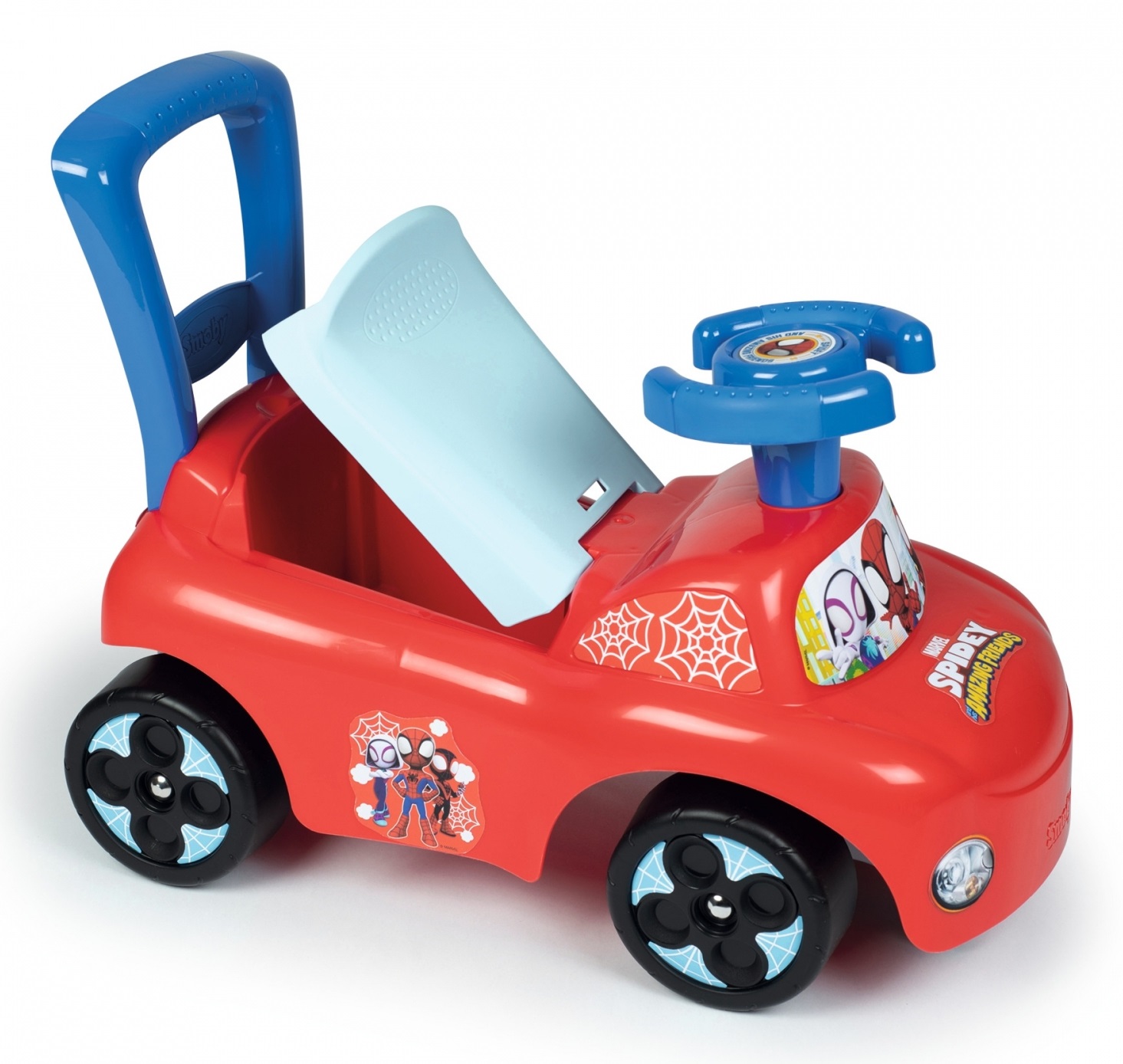 Smoby Spidey Prima Auto Cavalcabile - Giocattolo a Dondolo con Fermi Antiribaltamento e Vano Portaoggetti, da 10 Mesi a 3 Anni