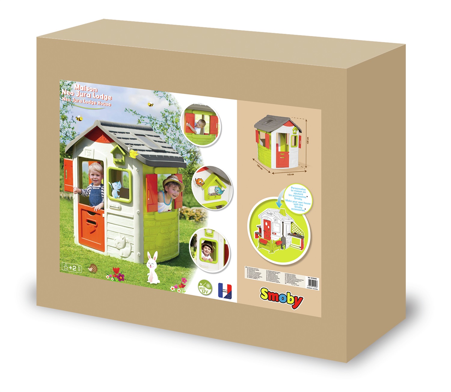 Smoby Casetta Neo Jura Lodge - Casetta da Giardino Personalizzabile con Trattamento Anti-UV, Dimensioni 132x115x123 cm, Due Mezze Porte e Finestre con Persiane