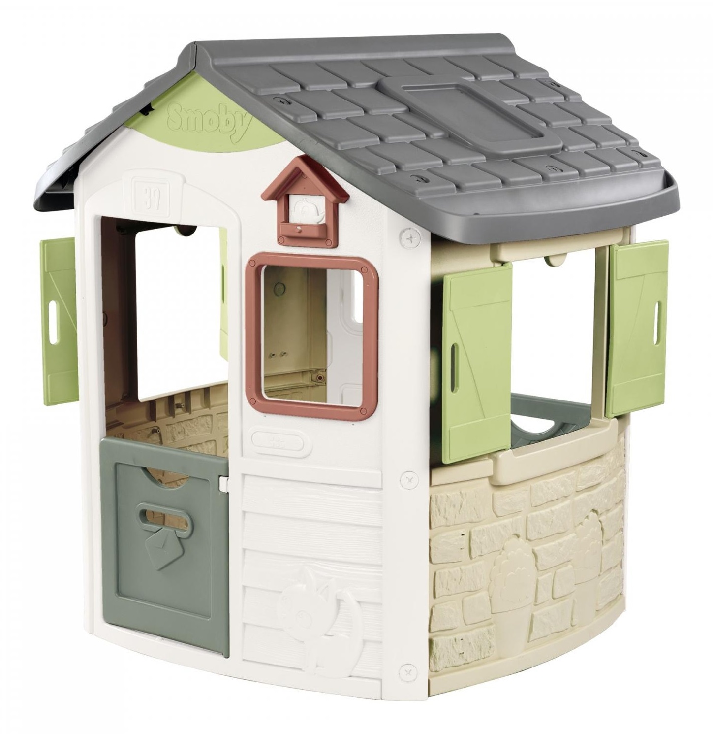 Smoby Casetta Jura Lodge - Gioco da Esterno per Bambini, 115 x 123 x 132 cm, con 54% di Plastica Riciclata, Due Mezze Porte e Finestre con Persiane