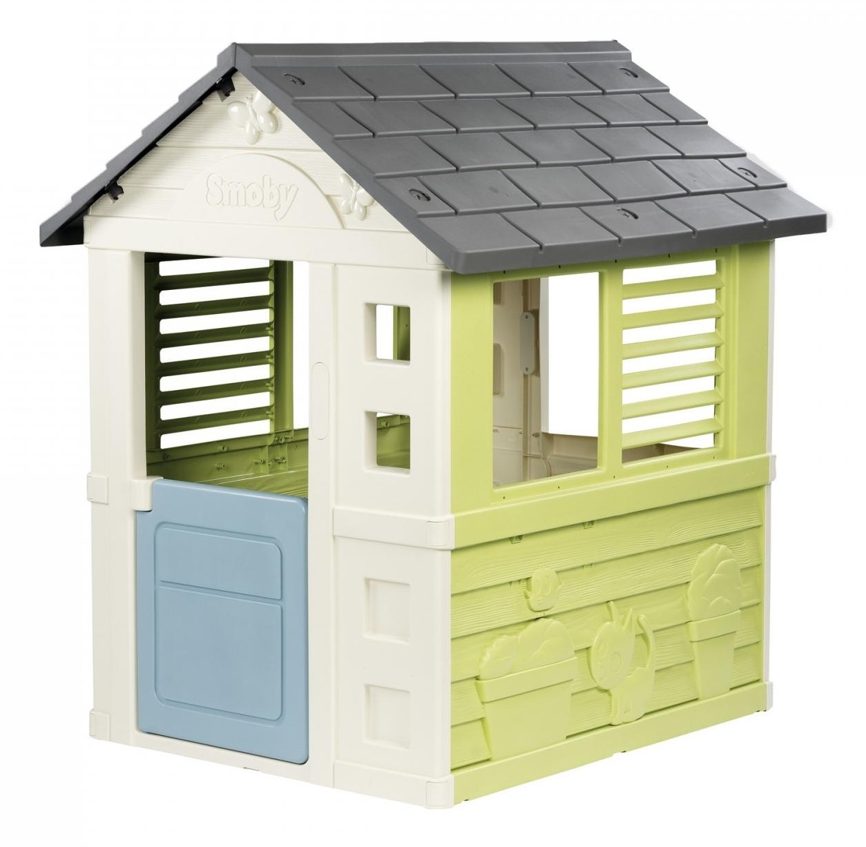 Smoby Life Casetta Jolie - Casa Giocattolo per Bambini (98 x 110 x 127 cm) con Design Moderno, Cancello e Finestre con Persiane, Realizzata in Materiale Riciclato, dai 2 Anni